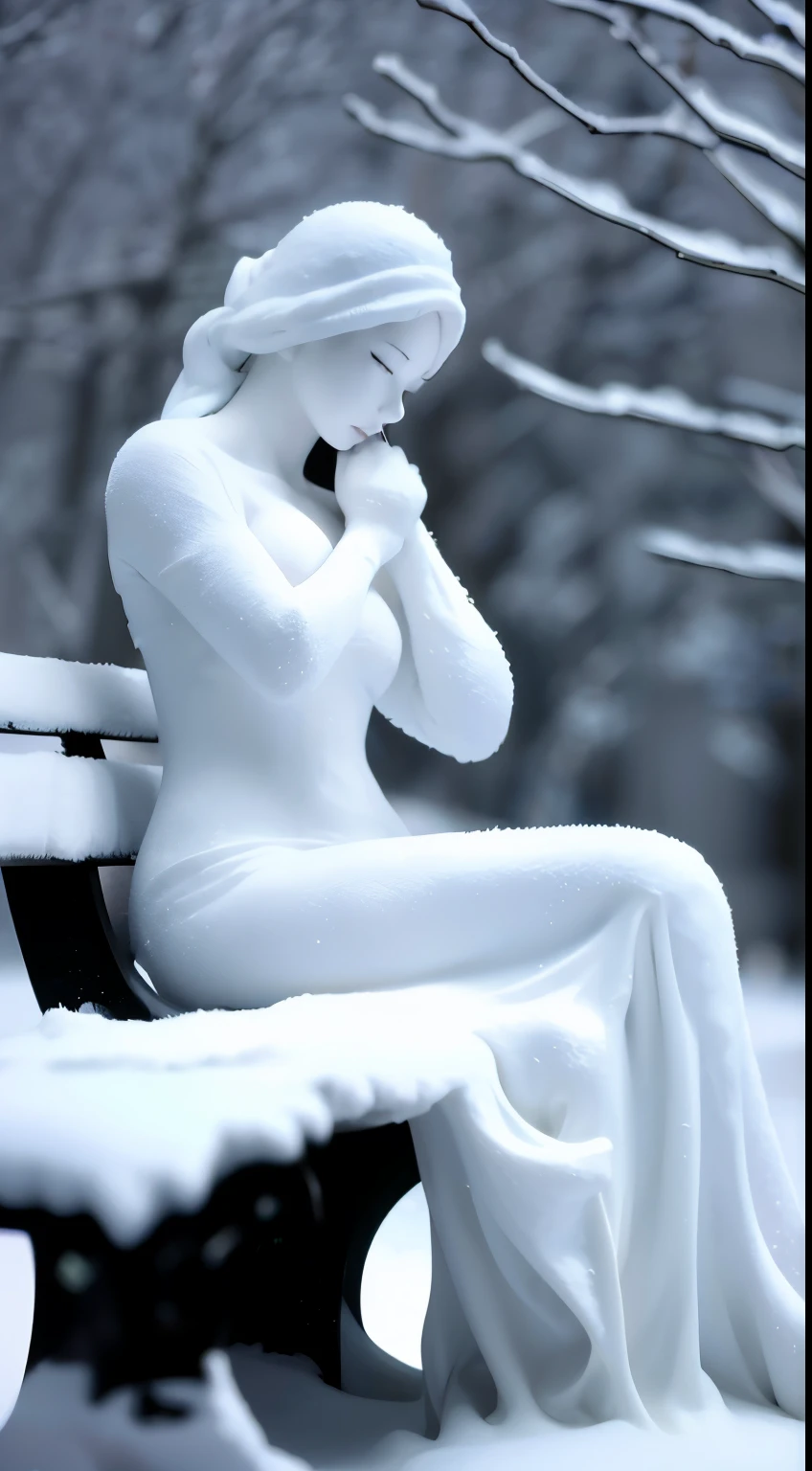 araffe sitting on a bench in the Yuki talking on a cell phone, Cold Yukiy, frozen like a statue, Detailed white, 陷入Brooding, covered with Yuki, Cold, goddess of winter, observant ), covered in Yuki, 陷入Brooding, Cold winter, observant pose, Brooding, Cold but beautiful, Cold Yuki outside, Brooding lonely, Yuki