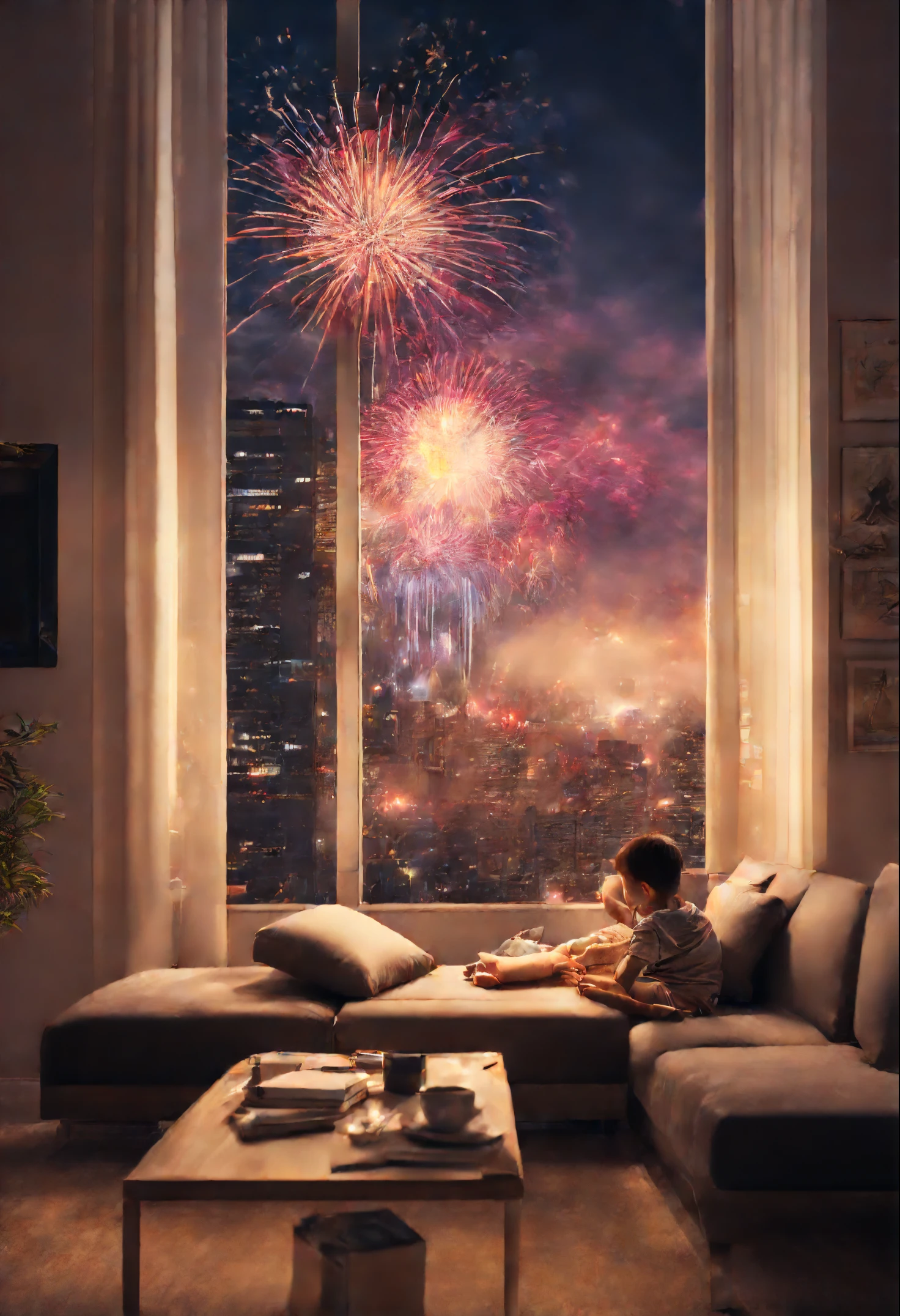 Need living room scene picture,The living room has floor-to-ceiling glass windows,There are fireworks outside the window,A child lies at the window watching fireworks,The main color is warm,What a touching picture,phi