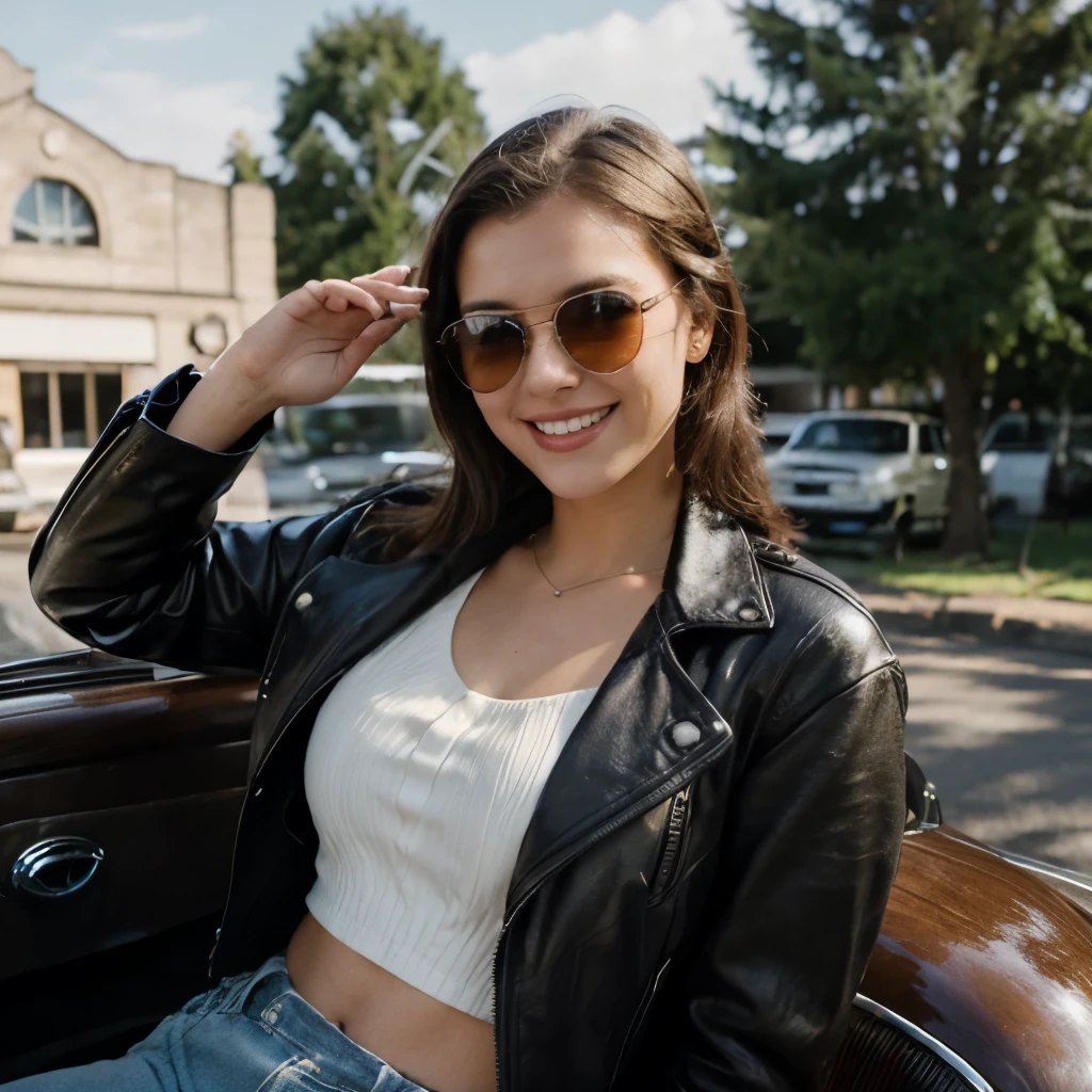 A Brunette girl, 21 years old, from Oregon, is owning a 1956 Mercedes Benz, she is wearing a leather jacket and a top. She has sunglasses and smiles, 8k, ultrarealistic, vintage vibe,