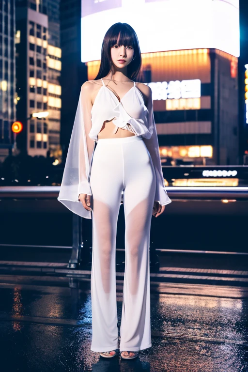 masutepiece, a beautiful urban female model, full body white transparent clothes standing under empty night stars, disappearing transparent pants, Full body standing, tall figure, Slender legs, Facial details, Detailed body part details, 8K Wallpaper