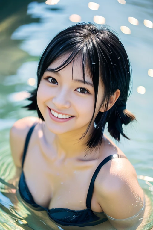 ((​masterpiece))), (One beautiful Japan girl, classmates, Neat and innocent，((cute hairstyle black hair :1.4)) ，超A high resolution, Realistic, ultra-detailliert, 8K,top-quality, Extremely detailed, Detailed background,A slender,very beautiful japanese girl, Detailed face:1.3), , (a ，Cute,adorable girl)，masutepiece, High resolution, Bursting smile，Show your beautiful teeth，facing the front there，Eyes are double, high-level image quality, High quality、Detailed background、early evening、The fresh air after the rain、Rain-soaked hair、White shirt wet in the rain，4 fingers, 1 thumb、Detailed female face、Dark blue pleated miniskirt，beautiful thigh，cute and attractive pose、Cheeks shining in the setting sun，softfocus , bright and gentle light , lensflare ,Dreamy , Wet in the rain, clothes that cling to one's body、(Black bra shows through)、(((Beautiful water background、basking in the bright sunset)))，Clear air