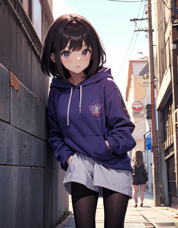 masutepiece, Best Quality, {Best Quality}, {{masutepiece}}, {hight resolution}, Illustration, 1girl in, Inoue Takina, bob cuts， Bangs, Black hair, (Purple eyes:1.2), blush, Blue hoodie，shortpants，I'm wearing a hood，I have my hands in my pockets，Black tights，Short boots，chewing bubble gum，、leaning against the wall，Looking at Viewer，In the street