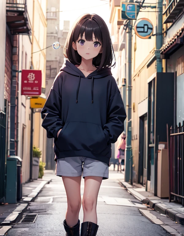 masutepiece, Best Quality, {Best Quality}, {{masutepiece}}, {hight resolution}, Illustration, 1girl in, Inoue Takina, bob cuts， Bangs, Black hair, (Purple eyes:1.2), blush, Blue hoodie，shortpants，I'm wearing a hood，I have my hands in my pockets，Black tights，Short boots，chewing bubble gum，、leaning against the wall，Looking at Viewer，In the street