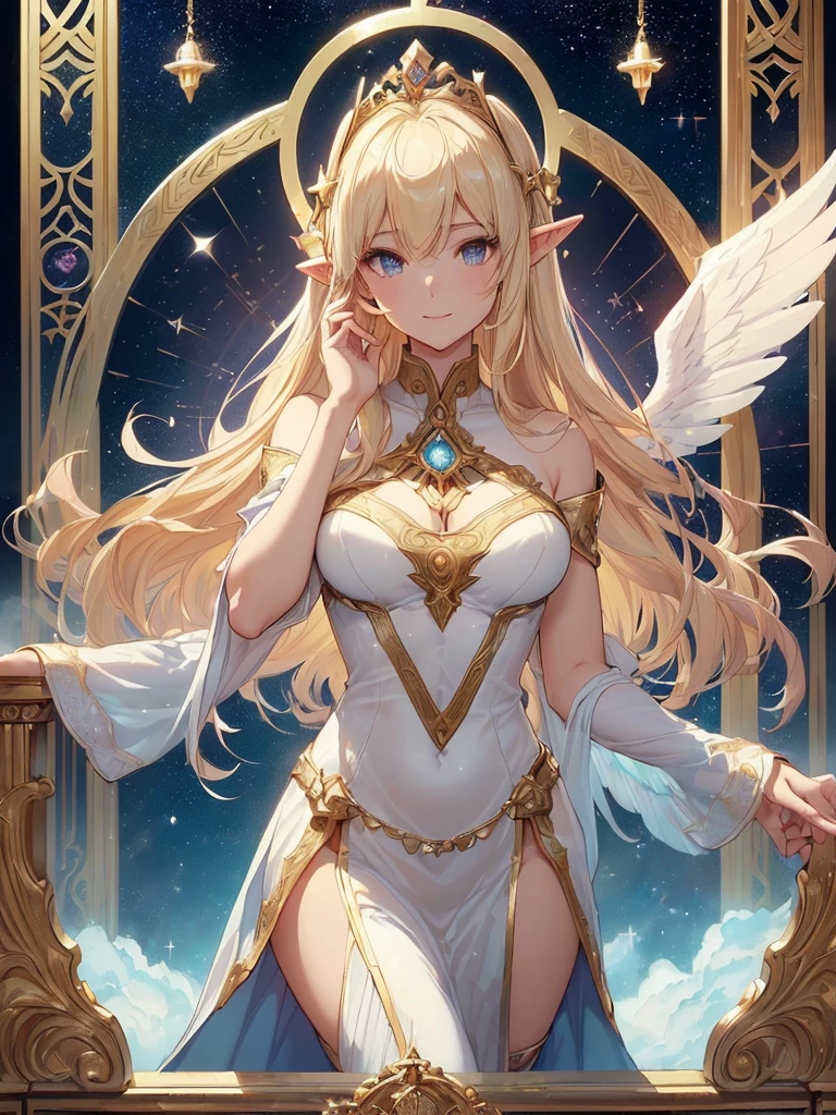 top-quality、Top image quality、​masterpiece、Super beautiful elf beauty((24 year old、Angel wings、wings of archangel、Best Bust、big bast、Bust 90,beautiful long ironed hair、a blond、globe、A sexy、A slender、a closeup、Esbian、beautiful tiara、hiquality、Beautiful Art、Background with((starrysky)))masutepiece、visualart、depth of fields、low angle of morning sky、、Elven ears、、light magic、Space Knight、harp melody🎵、Happy smile、Gentle light、、Beautiful legs that are gentle on the skin、、、Number of fingers to achieve precise finger movements、ticker beautiful decorative underwear、elegent、Mystical　Rosa、　Heaven、Marble pillars, beautiful dressy、magnificent marble dome、巨大なglobe、religious painting、holding the earth、Temple of Time、Great watch、hour glass、sundial、moment of creation！myth、alphonse mucha art、art noveau、byzantine art、folding screen picture、gold foil、