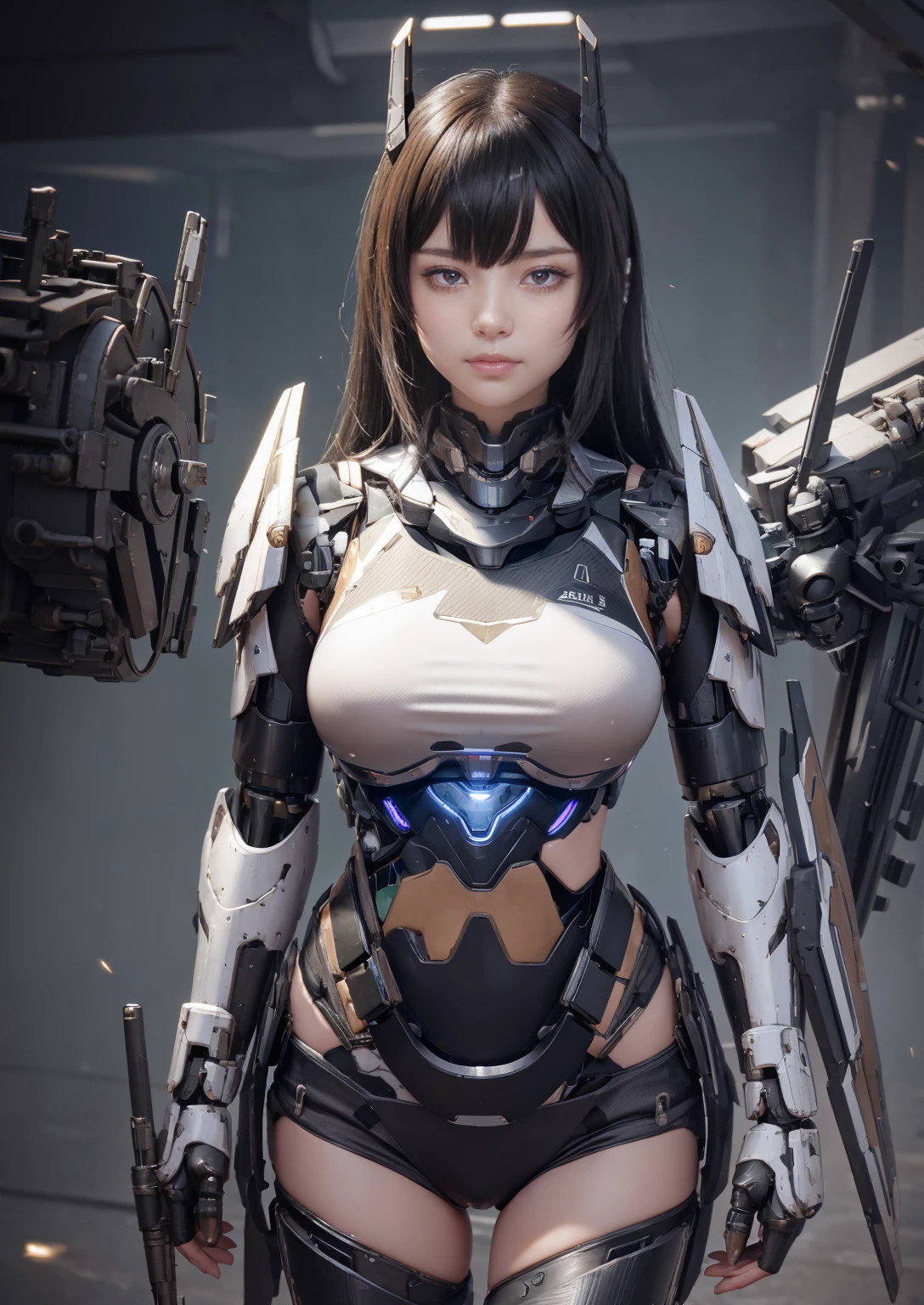 Textured Skin, Super Detail, High Detail, High Quality, Best Quality, High Resolution, 1080p, Hard Disk, Beautiful, (Oblique Down View), (War Machine), Doggie (Half Body of Esbian), Beautiful Cyborg Woman, Mecha Cyborg Girl, Battle Mode, Mecha Body Girl, She is wearing a futuristic war machine weapon mech, Full Body Image,armed girl