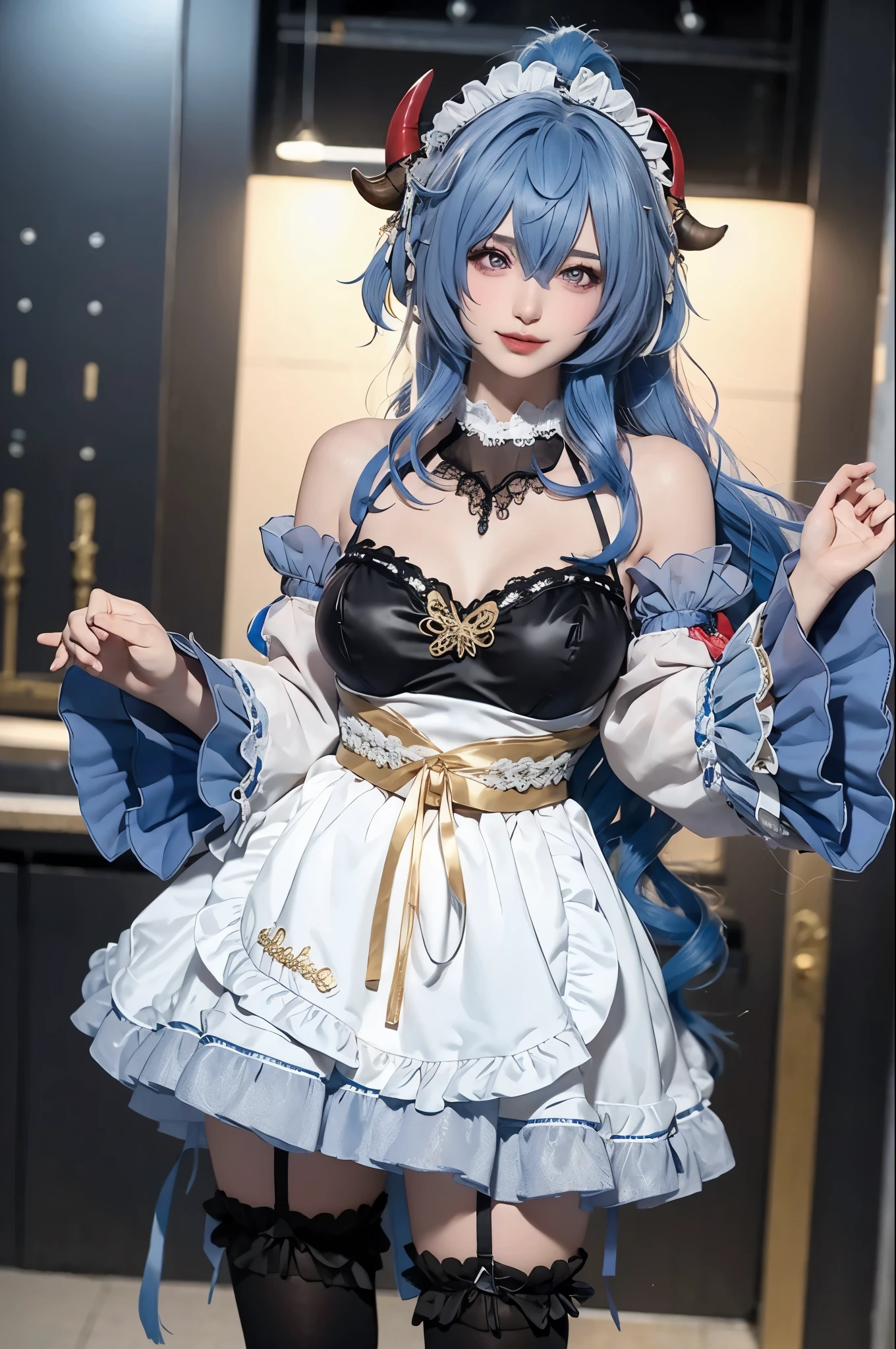 standing，RAW photo,(high detailed skin:1.2),8k uhd,high quality,Ganyu_maid, 1girl, ganyu \(genshin impact\), solo, blue hair, thighhighs, twin horn, detached sleeves, purple eyes, maid dress, full body, long hair, black knee socks, , alternate costume, looking at viewer, bangs, realistic, maid headdress, bare shoulder，happy