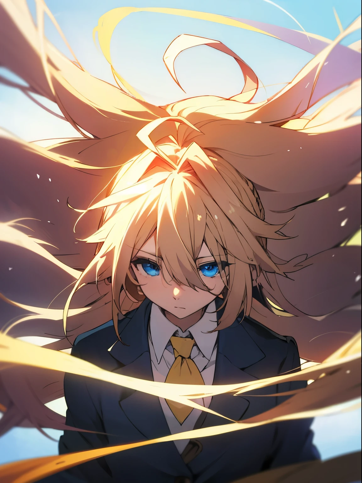 Blonde hair, blue eyes, ahoge, school uniform, long hair, upper body, stand