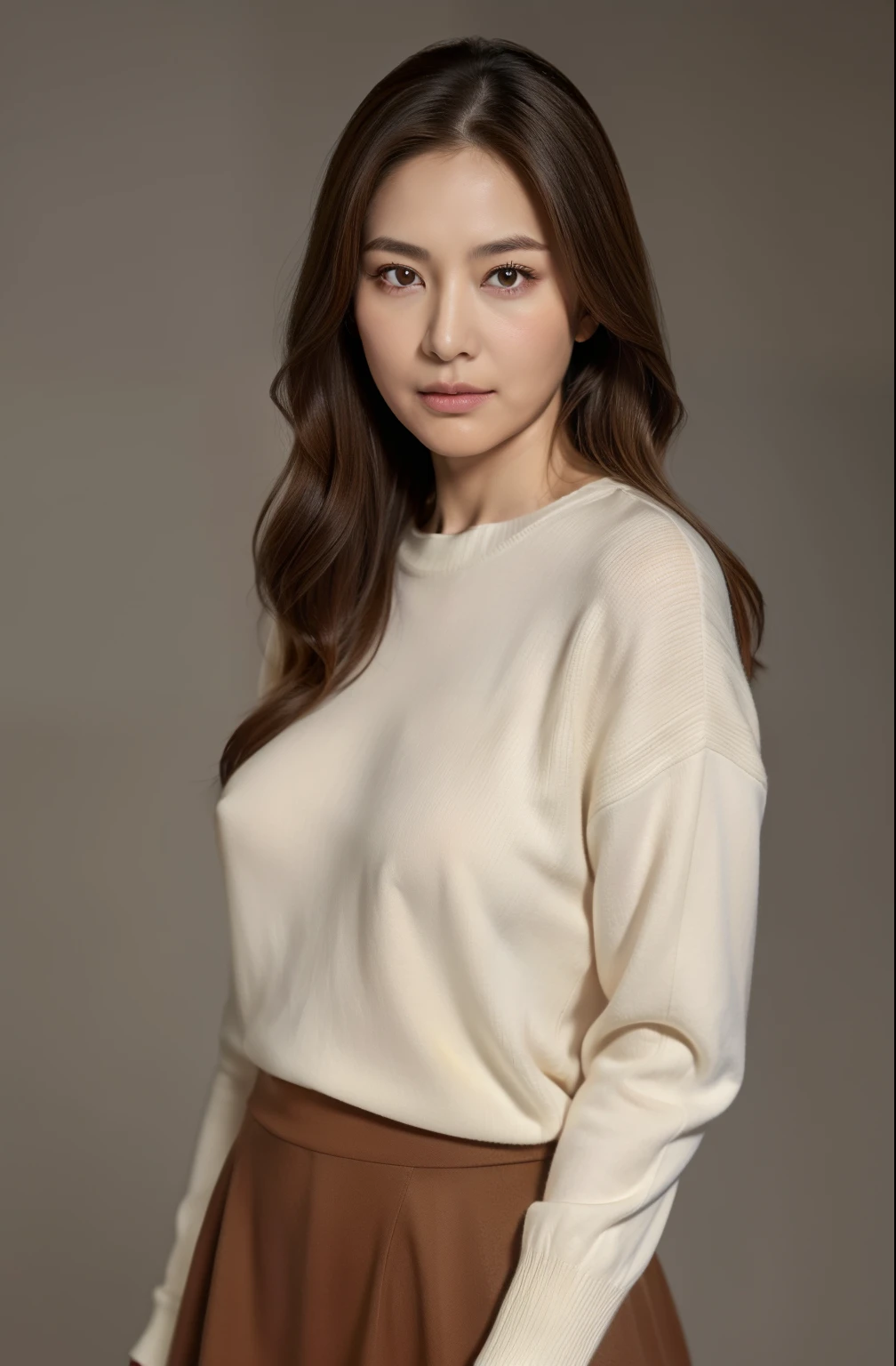 masuter piece, top-quality, masterpiece, hight resolution, Photorealsitic, Raw photography, 8k wallpaper, flawless, profetional lighting, ighly detailed, depth of fields,Pale solid color background, ((One beautiful woman)), ((70yo)), Female sexy, Detailed face, beautidful eyes, bangss, large breasts of good shape, Light Brown Straight Hair, Faint lips, ((Stand forward、Staring at the viewer, serious face eyes.)),Sweaters, skirt by the, cowboy shot