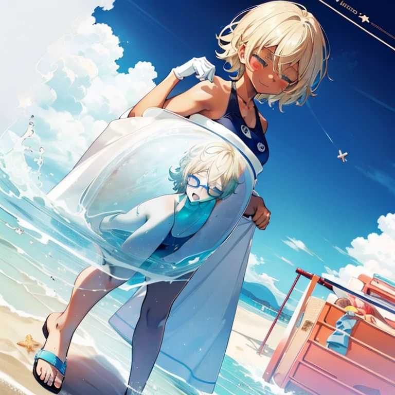 (masutepiece:1.2, Best Quality), ((((Internal bore)))), 1girl and 1fem boy, (((Digestive fluid deficiency hair, Blonde hair, Blue eyes, blush, breasts, cleavage, Closed eyes, dark skinned female, eyewear on head, gloves,Men's swimwear, onepiece swimsuit, Sandals, Short hair, Smile, Sunglasses, ((Lying on the side)), (((((High angle))))), (Beach towel), (Beach background)