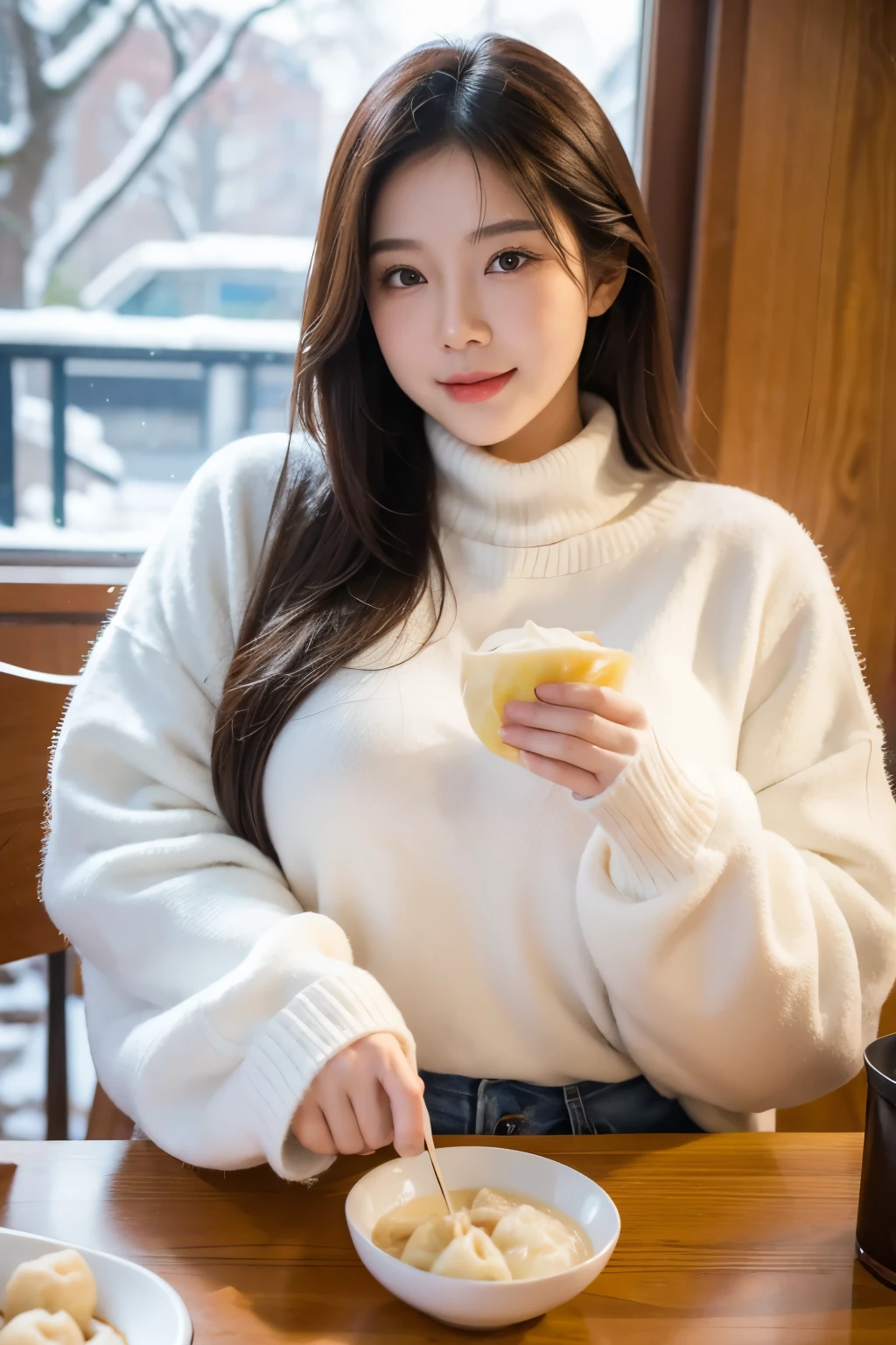 An Asian beauty,busty figure,Winter indoor scene,Wear a white sweater,Eating dumplings during the winter solstice