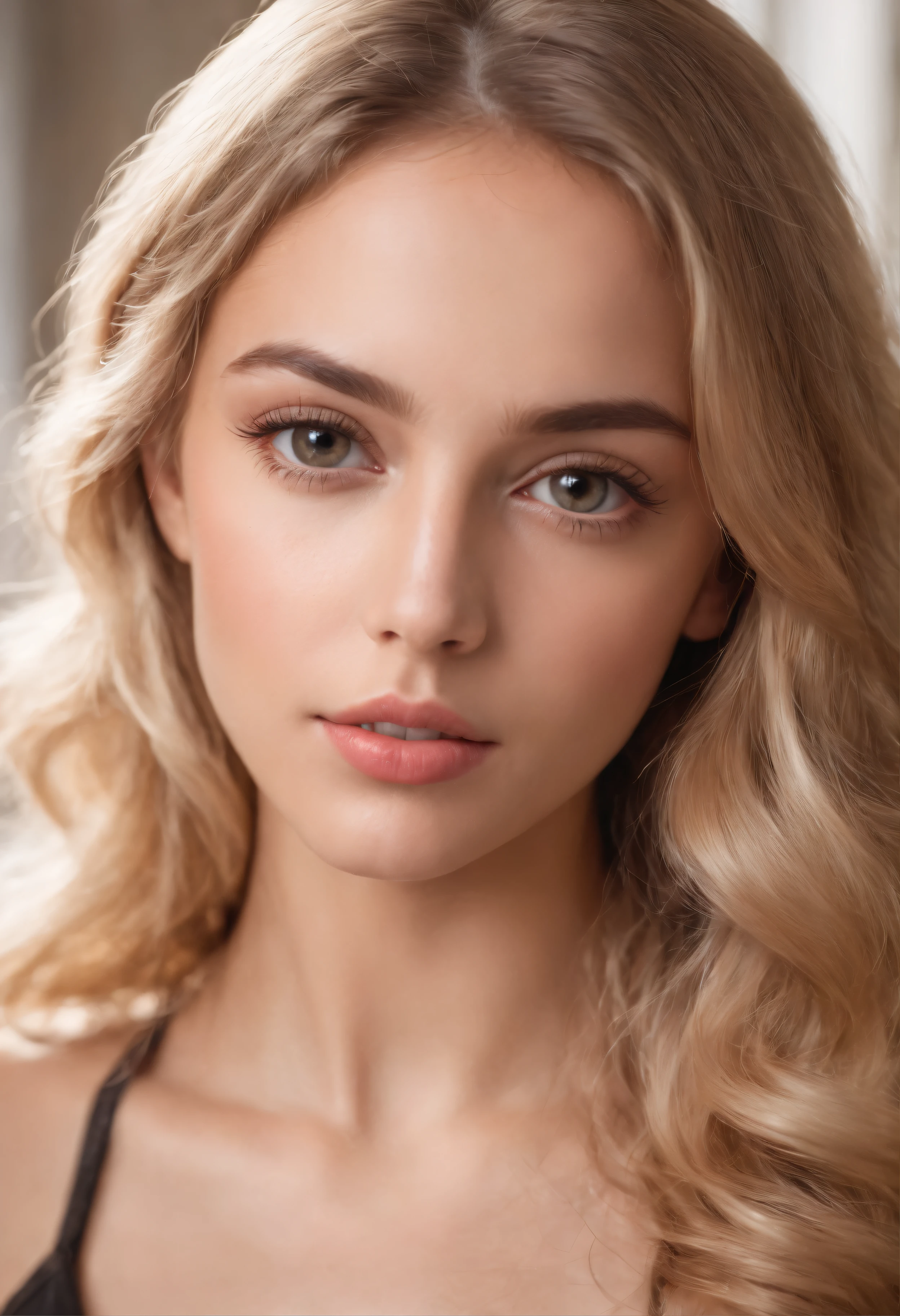 Sexy woman, , Slim, sport, shiny tanned skin, big eyes, perfect lips, perfect eyebrows, sensual lips, headshot, looking straight at camera, curly blond hair, Realistic, Photography, Natural, gym, workout