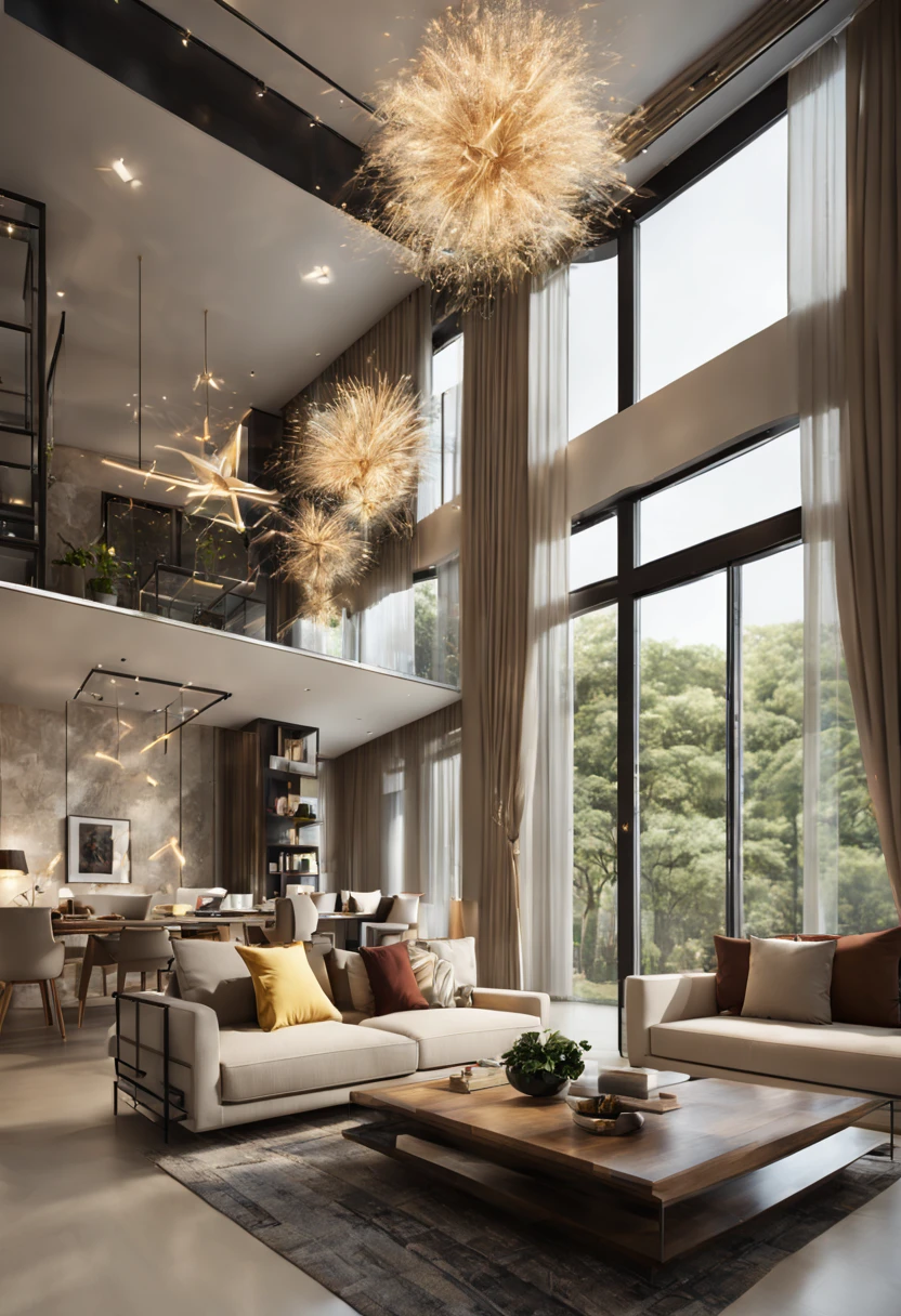 Need living room scene,The living room has large floor-to-ceiling windows,There are fireworks outside the window,The main color is natural color