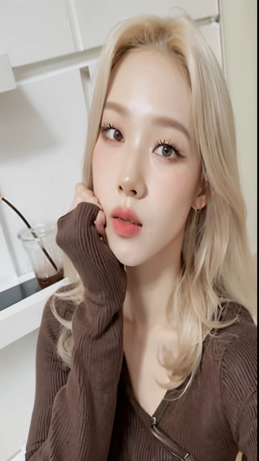 a closeup of a person with a cup of coffee, Parque Roseanne de Blackpink, Wan adorable cara coreana, Sun Yunjoo, her face looks like an orchid, ulzzang, maquillaje coreano popular, Chica coreana, Su cabello es blanco, Heonhwa Choe, Jossi de Blackpink, cabello rubio y ojos grandes, Hermosa joven coreana