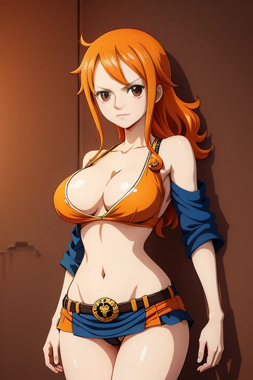 Generate an image of Nami from Onepiece, Brown clear eyes, orange color hair, , Be red in the face, wall background, (NSFW) (anime art style), anime art style , anime art style boobs, only, nano