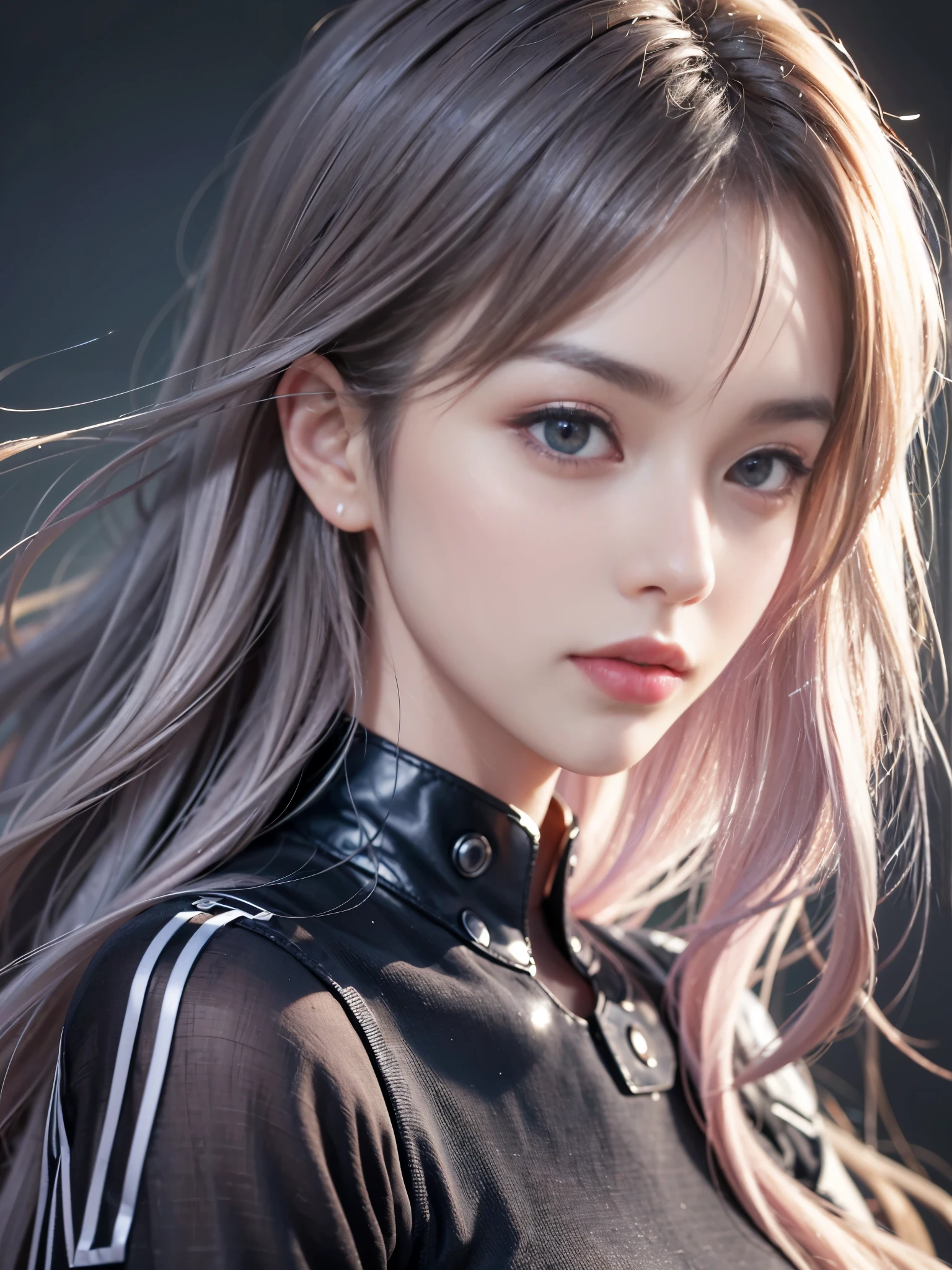 Masterpiece, 1 Beautiful Girl, Detailed Eyes, beautiful Eyes, Top Quality, Ultra High Resolution, (Reality: 1.4), Original Photo, 1Girl, Cinematic Lighting, Korean, Asian Beauty, Korean idol star, Very Beautiful, Beautiful Skin, Slender, Body Facing Front, (Ultra Realistic), (High Resolution), (8 K), (very detailed), (best illustration), (beautifully detailed eyes), (super detailed), detailed face, looking viewer, facing straight ahead, neat clothes, sleeveless, long hair, silver-pink hair, 46 point slanted bangs, cyberpunk background, neat and clean, realistic photo quality,Clothes made of material that feels soft like cotton,thin clothing,look directly at the photographer,