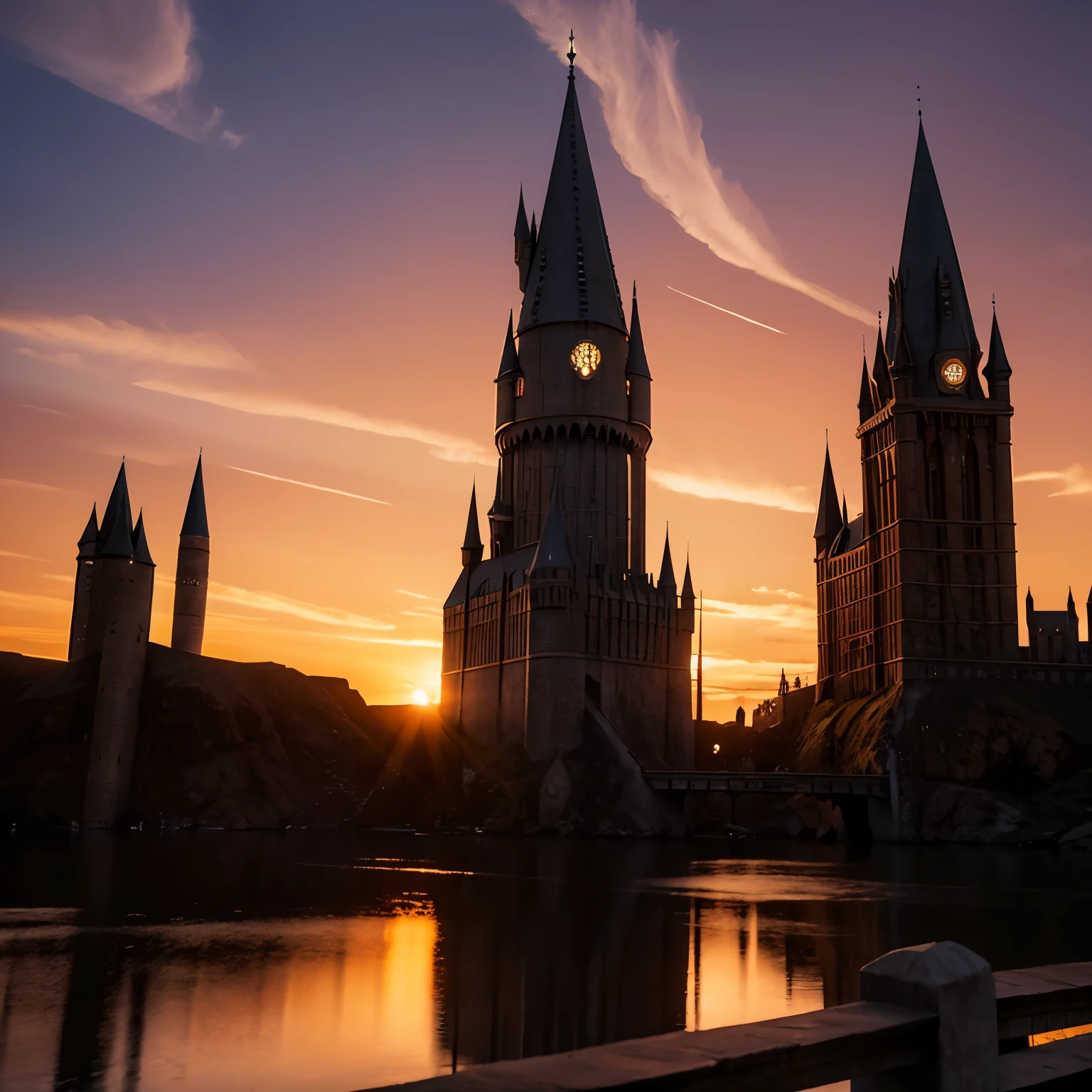 A Hogwarts School of Witchcraft and Wizardry standing under the sunset