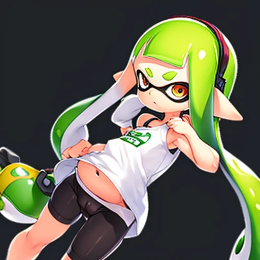 penshezs,1girl,bike shorts,headphones,inkling girl,jewelry,long hair,pointy ears,shirt,solo,cameltoe, fat mons pubis, tall, camisole