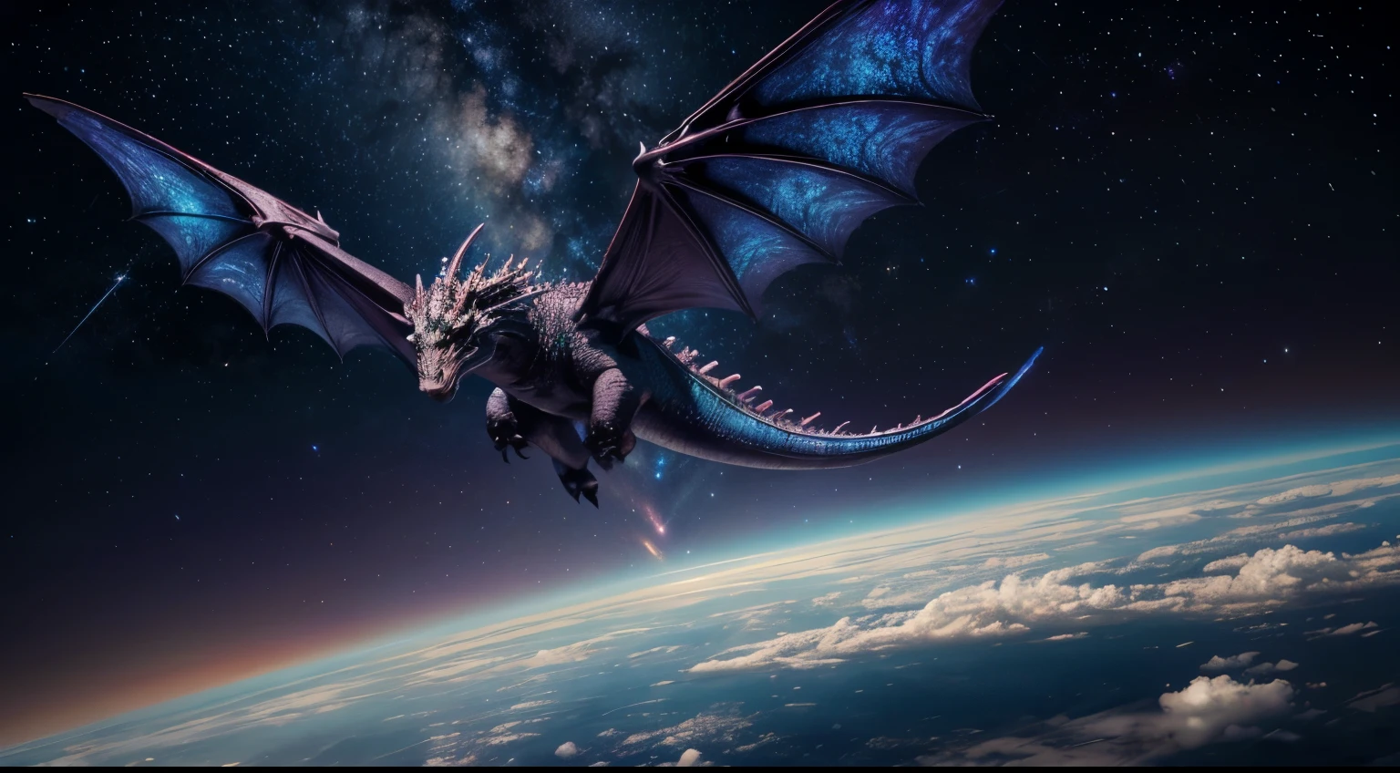 Majestic dragon soaring through a celestial sky, hyperrealistic rendition with vivid colors and cosmic elements,