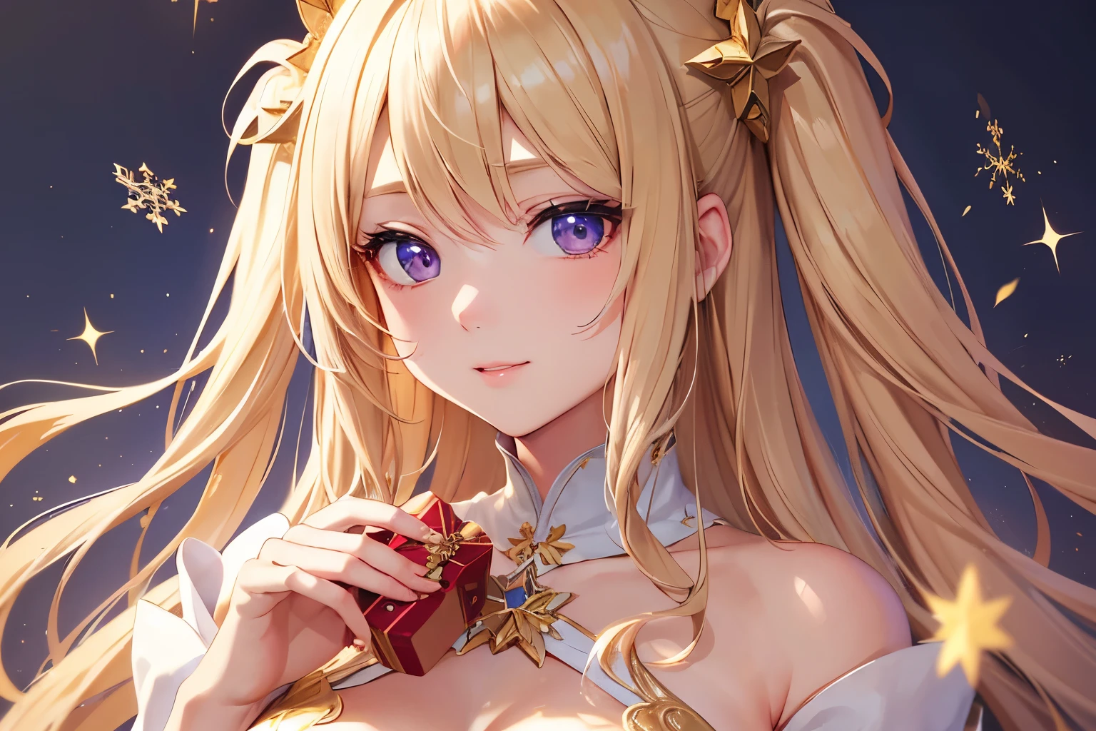Beautiful blonde precise and detailed two side up hairstyle、Santa Claus costume、Christmas、absurderes、Emphasis on the chest、Christmas柄のリボン、Cute young lady、独奏、Deep and detailed eyes、Beautiful, delicate and detailed purple eyes、Very beautiful and delicately shining eyes、Beautiful smile with attention to detail、;D、beautiful and delicate flowing hair、、Have a gift、Christmasプレゼント、Beautiful delicate and detailed hands、Delicate and detailed natural beautiful fingers super beautiful illustration、to stand、Cute and beautiful, Beautiful face is very delicate and detailed、Notre Dame Cathedral