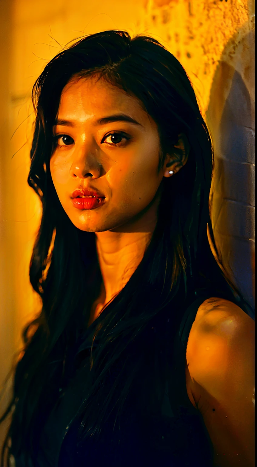 A photo of a girl, dramatic, 21 years old european cute girl, midnight, dark studio, rim lighting, two tone lighting, dimly lit, (low key:1.4), film grain, finely detailed skin, rim lighting, hard lighting, ((Rolleiflex photography)) (8K, 16k, uhd, dslr), (RAW photo:1.2), (best quality:1.4), (high quality:1.4), (masterpiece:1.2), (realistic:1.hoto-realistic:1.4), ultra-detailed, (grainy:0.4), filipina, pinay