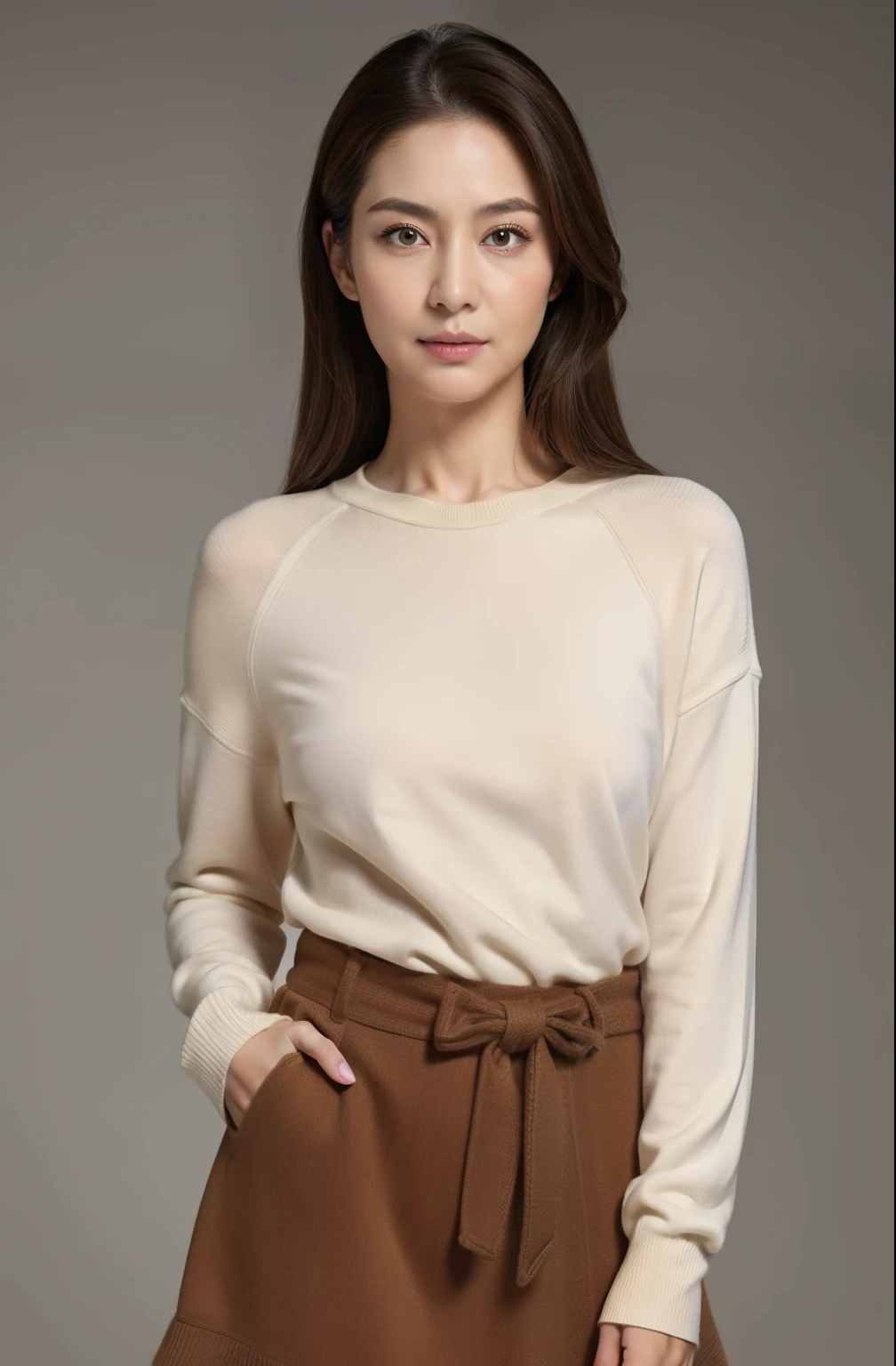 masuter piece, top-quality, masterpiece, hight resolution, Photorealsitic, Raw photography, 8k wallpaper, flawless, profetional lighting, ighly detailed, depth of fields,Pale solid color background, ((One beautiful woman)), ((75 years old)), Female sexy, Detailed face, beautidful eyes, bangss, large breasts of good shape, Light Brown Straight Hair, Faint lips, ((Stand forward、Staring at the viewer, serious face eyes.)),Sweaters, skirt by the, cowboy shot
