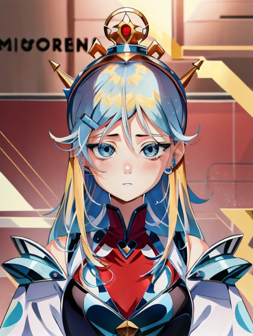 cartoon girl with blonde hair and blue eyes looking at something, she has a cute expressive face, she has a cute face, with round cheeks, cute anime face, cynical face, star butterfly, cute round slanted eyes, pale round face, blonde hair and large eyes, clear cute face, rosey cheeks, umamusume, danbooru