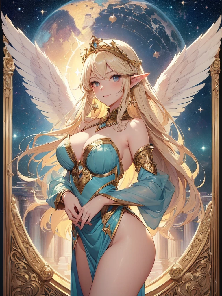 top-quality、Top image quality、​masterpiece、Super beautiful elf beauty((24 year old、Angel big wings、giant archangel wings、Best Bust、big bast、Bust 90,beautiful long ironed hair、a blond、globe、A sexy、A slender、a closeup、Esbian、beautiful tiara、hiquality、Beautiful Art、Background with((starrysky)))masutepiece、visualart、depth of fields、low angle of morning sky、、Elven ears、、light magic、Space Knight、harp melody🎵、Happy smile、Gentle light、、Beautiful legs that are gentle on the skin、、、Number of fingers to achieve precise finger movements、ticker beautiful decorative underwear、elegent、Mystical　Rosa、　Heaven、Marble pillars, beautiful dressy、magnificent marble dome、Huge galaxy、religious painting、holding the earth、Temple of Time、Great watch、hour glass、sundial、moment of creation！myth、alphonse mucha art、art noveau、byzantine art、folding screen picture、gold foil、Raphael paintings、Renaissance art