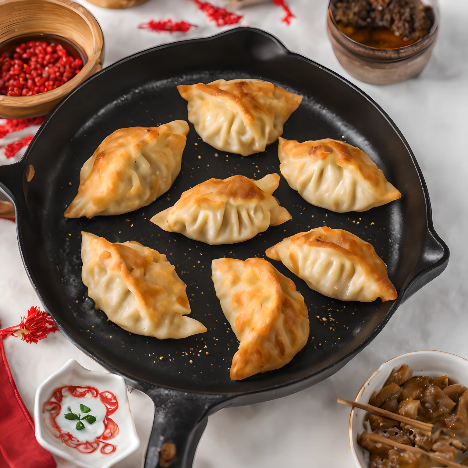 chinese new year food dumplings, Baked dumplings, Crescent, in a frying pan