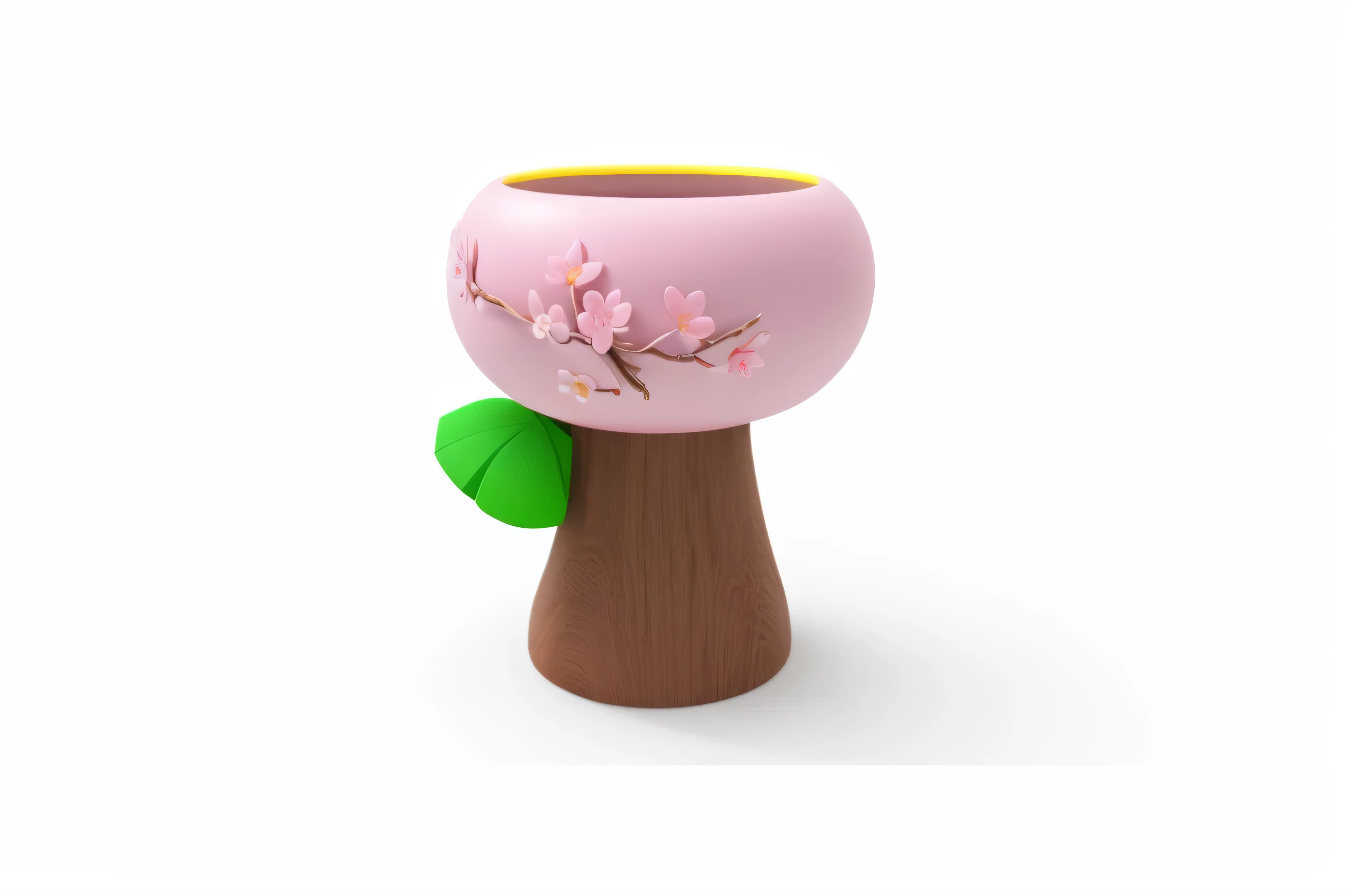 there is a pink vases with a green leaf on it, Realistic rendering of stool, pink bonsai tree, unique saucepan e for houseplants, saucepan, lush sakura, vases with flowers, render of april, Popular Japanese 3D super detailed, vases, Cute 3d rendering, stylized 3d render, pink zen style, sakura kinomoto