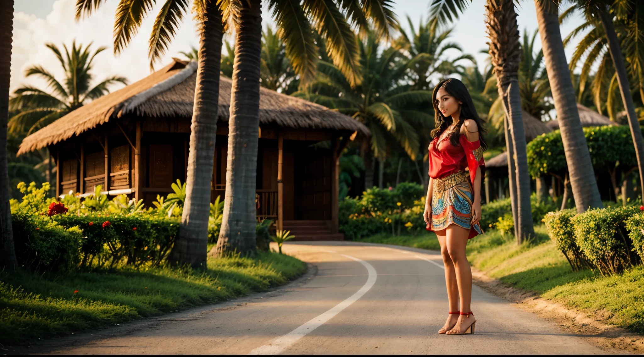 ((a girl (stand:1.2) (alone:1.6) on the road)),((full-body portrait:1.2, cinematic-shot)),(best quality,4k,8k,highres,masterpiece:1.2),ultra-detailed,(realistic,photorealistic,photo-realistic:1.37),(beautiful and aesthetic:1.2),(film grain:1.3).

[(1girl),(solo),((1 person)),(19years-old),[Raiana-Elizabeth-Dilla],pearl skin,(skin pores:1.1),beautiful detailed eyes,beautiful detailed lips,extremely detailed eyes,longeyelashes,extremely detailed face and skin texture,(skin texture:1.1),black hair,tall and slender body,(192cm tall),thin and delicate figure,graceful posture,flawless skin,defined abs,perfect curves,feminine appearance,beautiful long legs,embodying elegance and beauty,(cleavage breasts,large breasts:1.4),((wearing a sexy ((ultra-short ((red)) bohemian-style mini-shirt-dress)):1.4),extremely detailed and realistic (red) clothes,(shiny skin),((sharp focus:1.5)),(earringeathers:1.5),(happy expression,full smile)].

[Indonesian country road,vibrant green rice fields,verdant tropical landscape,bright blue sky with fluffy white clouds,sunlight filtering through the tall palm trees,soft warm breeze,traditional wooden houses in the background,colorful flowers blooming along the road,carrying a woven basket filled with fresh fruits,butterflies dancing around her,peaceful and serene atmosphere,harmonious blending of nature and culture,rich and vibrant color palette, with warm earth tones and pops of bright colors,soft golden hour lighting,highlighting the girl's natural beauty and illuminating the surrounding scenery].

Official art,extremely detailed,Angelic ethereal beauty,award-winning photography,professional photography,depth-of-field.