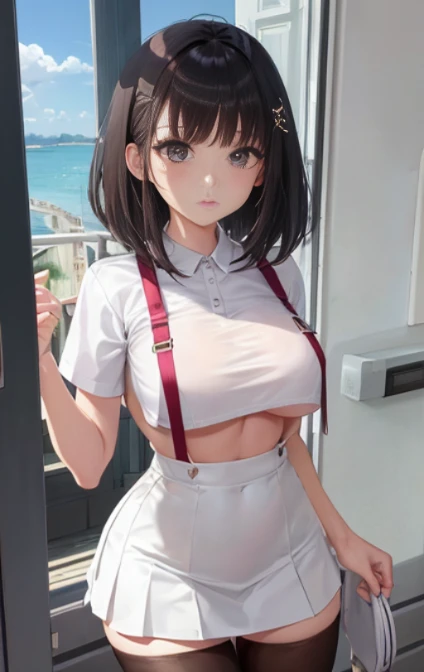 1 Young girls, 独奏, White polo shirt, White sneakers, 
, white mini-skirt, tmasterpiece, Best quality, realistically, ultra - detailed, (shiny skins, Sweated:1.4), Huang Li, looking at viewert, with short black hair, with brown eye,slenderness,Dynamic light and shadow,A high resolution,Focus sharp,depth of fields,The eyes are delicate,Sharp pupils,student reality,(Bigchest:1.6),(Thigh thick:1.0),luring,sky sky，The camera looks from the bottom up、Black suspender tights、lace leggings、