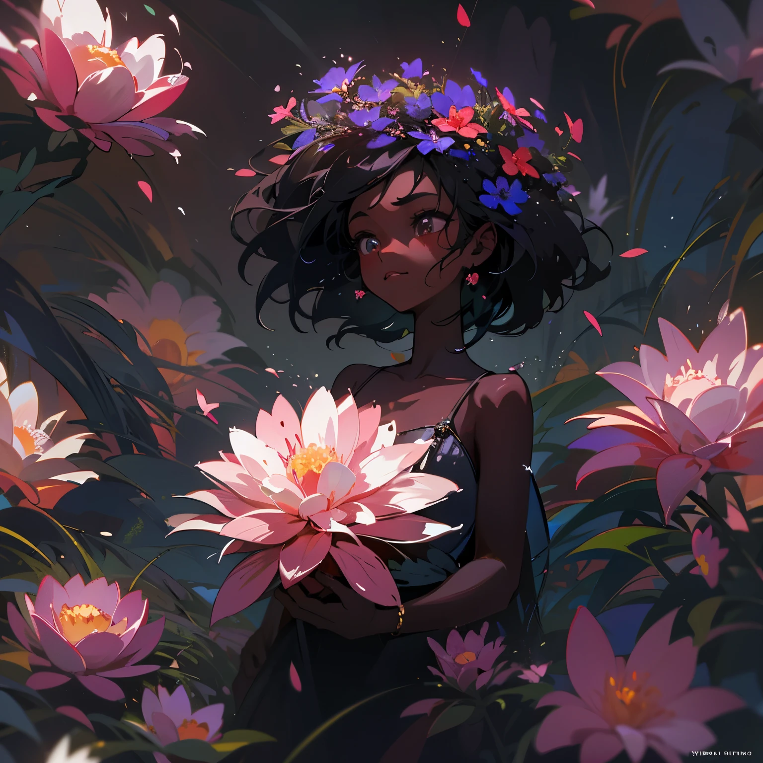 Little cute flower spirit on a flower, (dark skin), solo,  concept art, fantasy art, matte in the style of alena aenami,by yanjun cheng, hyperrealism, cinema 4d, beautiful, mysterious, elemental, ethereal, elementl, high resolution