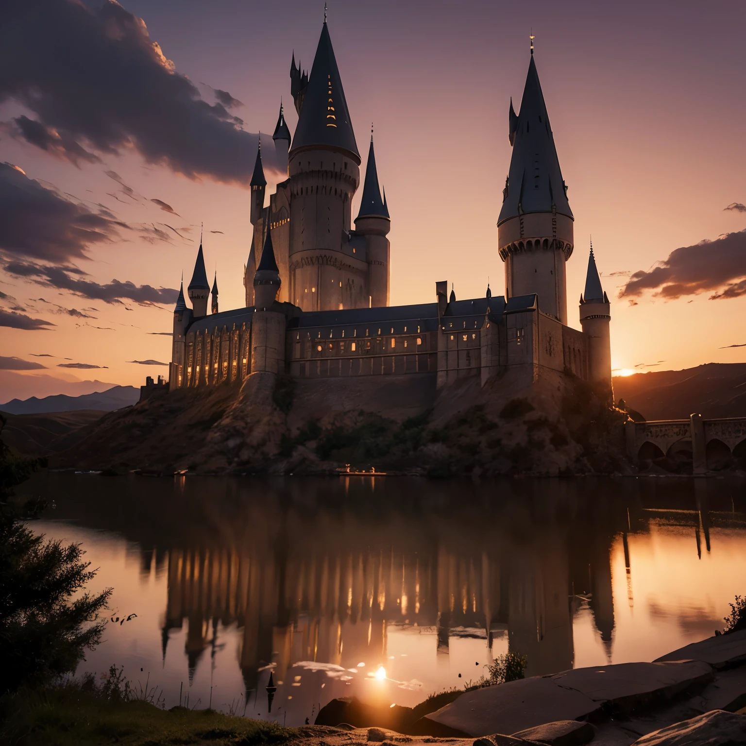 A castle at Hogwarts School of Witchcraft and Wizardry standing under the sunset