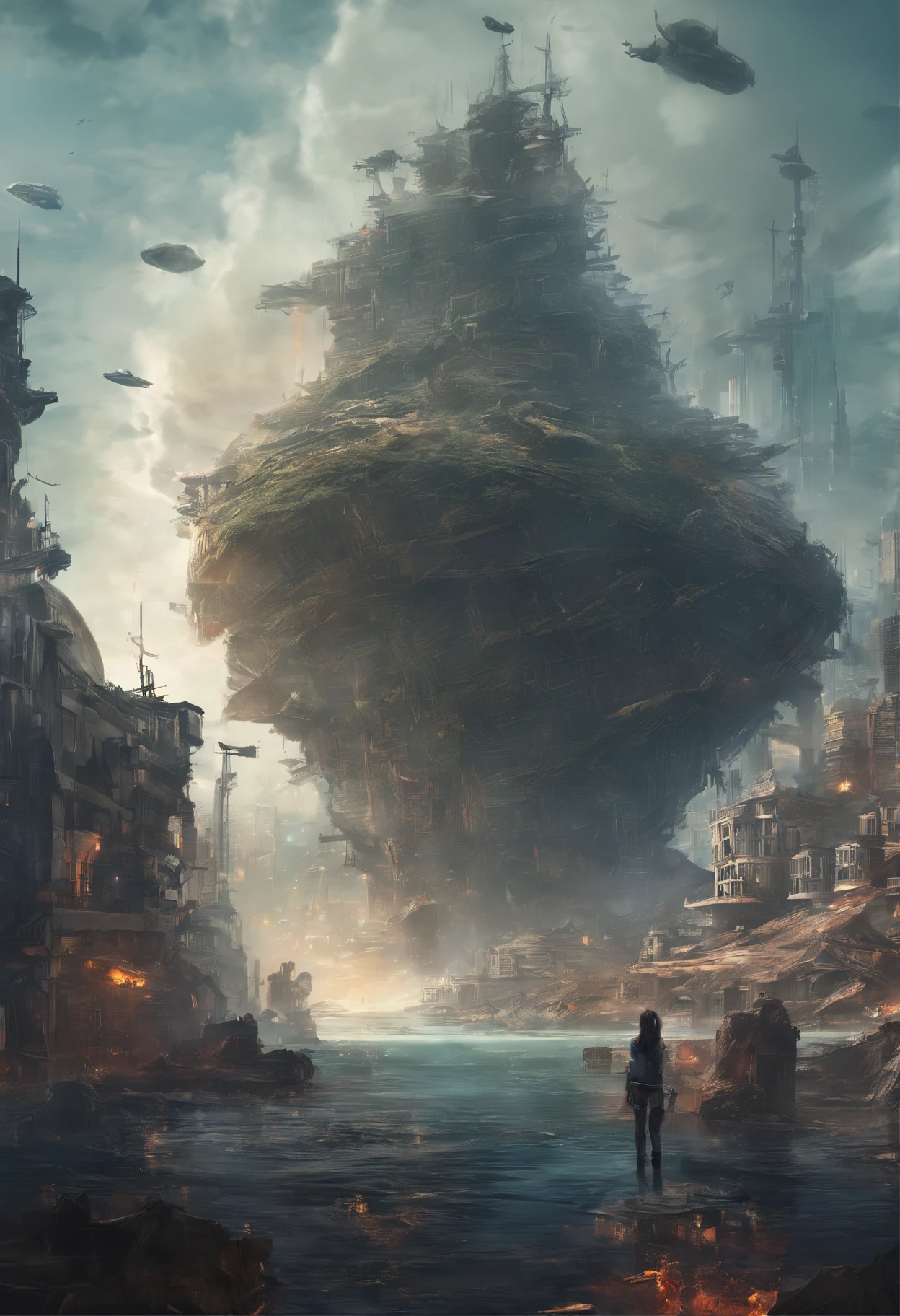 After the war，Maritime city，sense of science and technology，The city of the future，Spaceship wreckage，There are giant ships in the sea，Beautiful woman overlooking the ruined city。