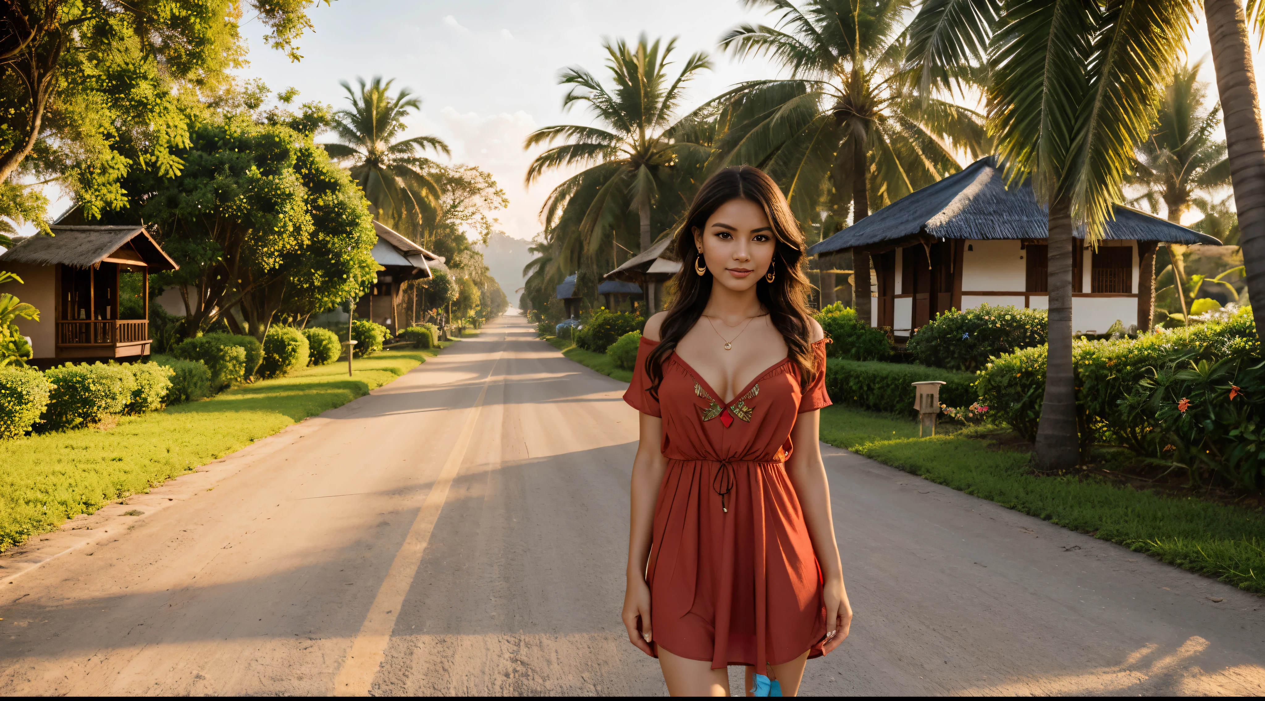 ((a girl (stand:1.2) (alone:1.6) on the road)),((full-body portrait:1.2, cinematic-shot)),(best quality,4k,8k,highres,masterpiece:1.2),ultra-detailed,(realistic,photorealistic,photo-realistic:1.37),(beautiful and aesthetic:1.2),(film grain:1.3).

[(1girl),(solo),((1 person)),(19years-old),[Raiana-Elizabeth-Dilla],pearl skin,(skin pores:1.1),beautiful detailed eyes,beautiful detailed lips,extremely detailed eyes,longeyelashes,extremely detailed face and skin texture,(skin texture:1.1),black hair,tall and slender body,(192cm tall),thin and delicate figure,graceful posture,flawless skin,defined abs,perfect curves,feminine appearance,beautiful long legs,embodying elegance and beauty,(cleavage breasts,large breasts:1.4),((wearing a sexy ((ultra-short ((red)) bohemian-style mini-shirt-dress)):1.4),extremely detailed and realistic (red) clothes,(shiny skin),((sharp focus:1.5)),(earringeathers:1.5),(happy expression,full smile)].

[Indonesian country road,vibrant green rice fields,verdant tropical landscape,bright blue sky with fluffy white clouds,sunlight filtering through the tall palm trees,soft warm breeze,traditional wooden houses in the background,colorful flowers blooming along the road,carrying a woven basket filled with fresh fruits,butterflies dancing around her,peaceful and serene atmosphere,harmonious blending of nature and culture,rich and vibrant color palette, with warm earth tones and pops of bright colors,soft golden hour lighting,highlighting the girl's natural beauty and illuminating the surrounding scenery].

Official art,extremely detailed,Angelic ethereal beauty,award-winning photography,professional photography,depth-of-field.