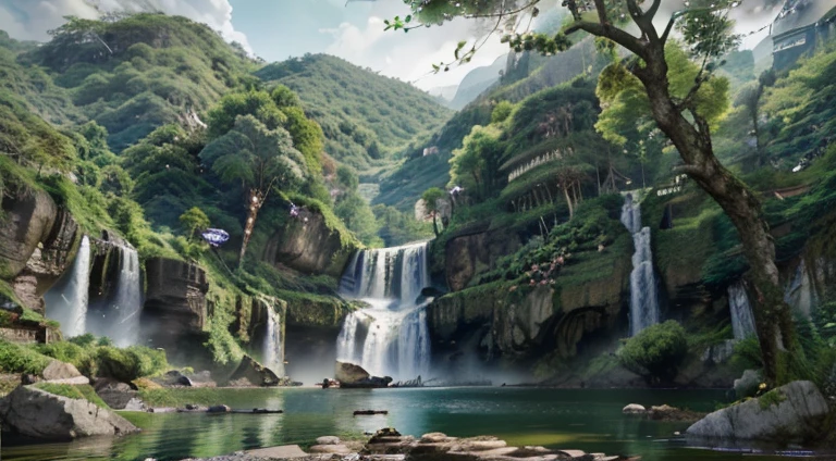 Chinese ancient times, spring, jungle, lake, cave, waterfall, tree, meadow, rock, deer, hot spring, water vapor, (illustration: 1.0), epic composition, realistic lighting, HD details, masterpiece, best quality, (very detailed CG unified 8k wallpaper)