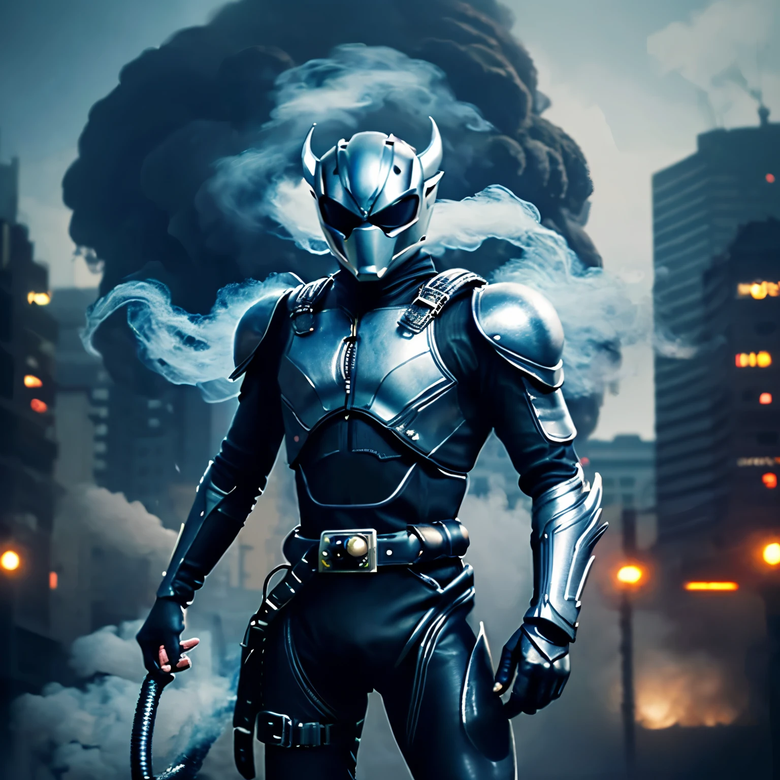 top-quality、high quality wallpaper、Smoldering smoke、Rising smoke、Inside the city、A humanoid monster standing in the center:Dragon face、Futuristic armor（Simple details、silver protector）a belt（Wearing the device）、Rider Suit、Kamen Rider、Blue visor（shines faintly）、Reflecting the whole body、dynamicposes、cowboy  shot