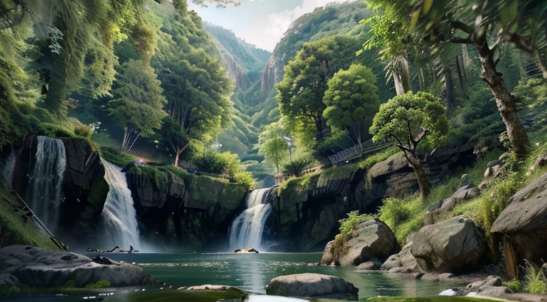 Chinese ancient times, spring, jungle, lake, cave, waterfall, tree, meadow, rock, deer, hot spring, water vapor, (illustration: 1.0), epic composition, realistic lighting, HD details, masterpiece, best quality, (very detailed CG unified 8k wallpaper)