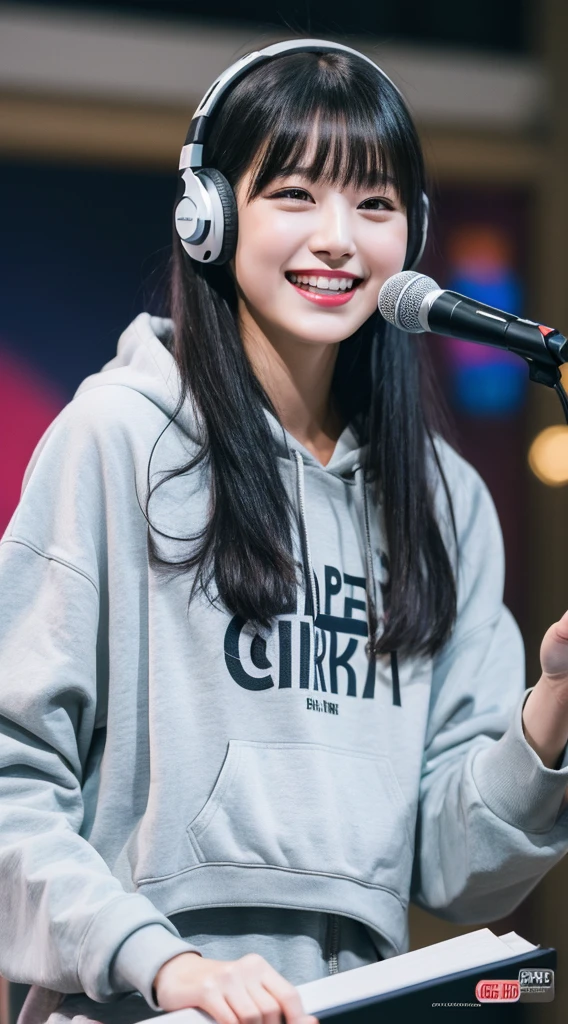 8k,beautiful,Grin,19 years old, Bob with bangs, Black hair, Medium Hair, Room, Hoodie, Japanese, Voice actor, headphone, speak at  a microphone, real, photo real, realistic Japanese cute, 8k, RAW photo, best quality, masterpiece, realistic, photo-realistic, clear, professional lighting, beautiful face, best quality,ultra high res, Style: hyper-realistic photograph, (with a book in hand),  microphone, (front of microphone), read a book