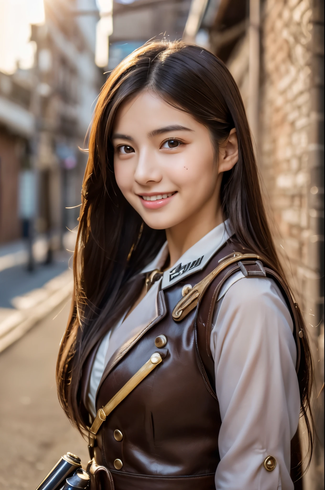 (masterpiece, best quality:1.4), (8k, raw photo, photo realistic:1.2), (shiny skin), detailed skin, detailed face, detailed eyes,
8k portrait, smiling Japanese woman, 16 years old, Brown eyes , cute, (), Black steampunk style costume, Brown Long straight hair, Cyberpunk city back alley, (hold a gun), , upper body, divine light