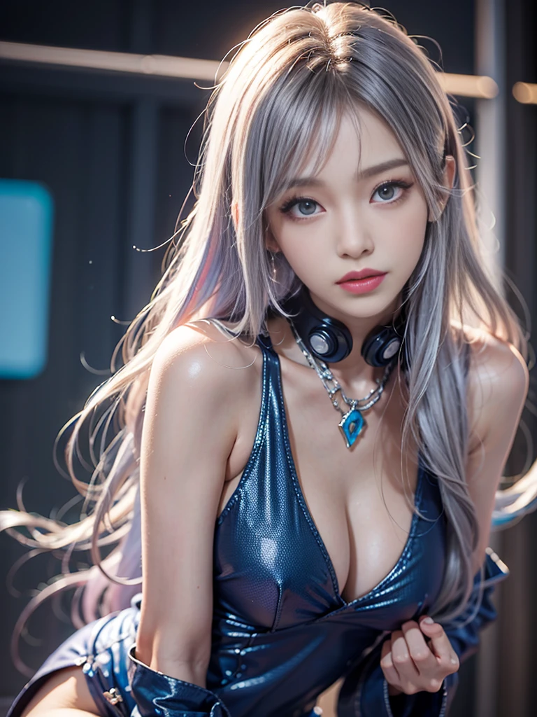 masutepiece, 1 beautiful girl, Detailed eyes, Beautiful eyes, of the highest quality, Ultra High resolution, (reality: 1.4), Original photo, 1girl in, Cinematic lighting, Korean, Asian Beauty, Korean idol star, Very beautiful, Beautiful skin, slender, body facing front, (A hyper-realistic), (High resolution), (8 K), (Very detailed), (Best Illustration), (beautifully detailed eyes), (super detailed), Detailed face, looking viewer, Facing straight ahead, Neat Clothing, Sleeveless, Long hair, Silver-pink hair, 46 point slanted bangs, Cyberpunk background, Neat and clean, Realistic photo quality,Clothes made of soft material like cotton,Thin Clothing,look straight at the cameraman,Korean Beauty,Korean idol singer,Korean dancer,There are celebrities,Age is 19 years old,Full body shot from the knees up,