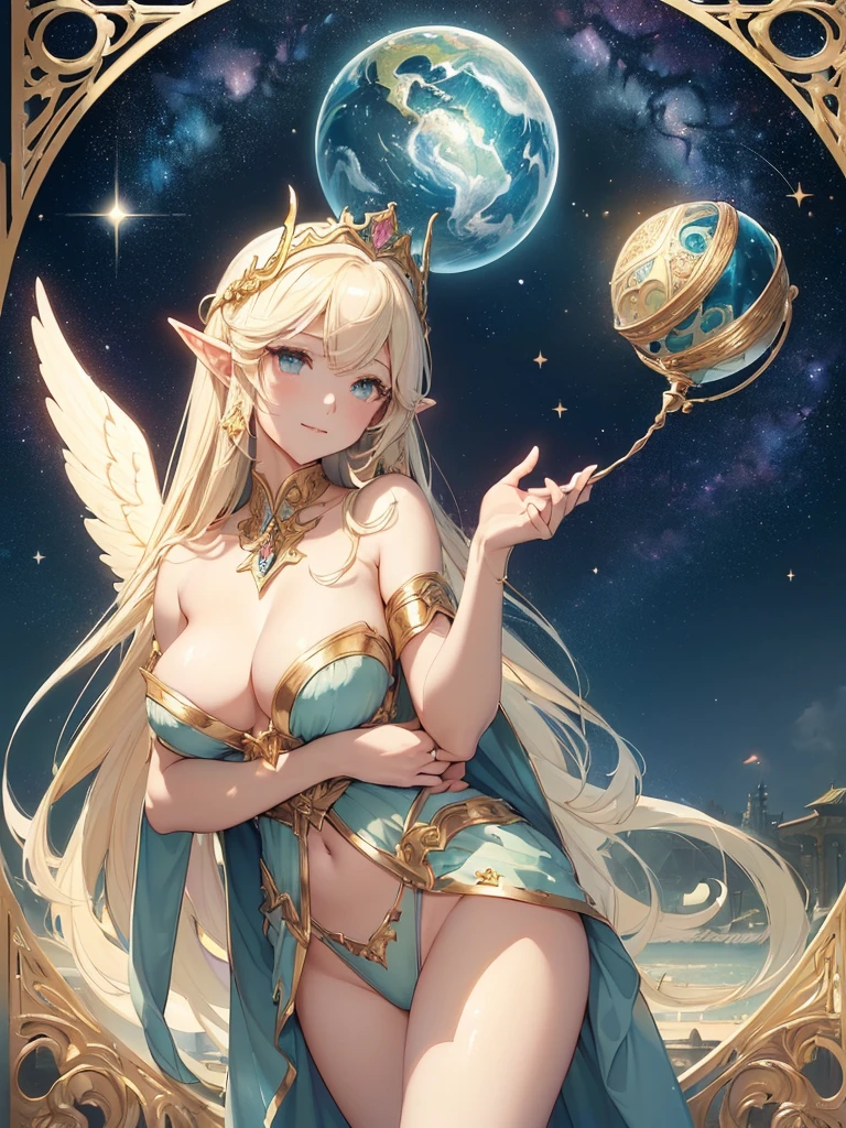 top-quality、Top image quality、​masterpiece、Super beautiful elf beauty((24 year old、Angel big wings、giant archangel wings、Best Bust、big bast、Bust 90,beautiful long ironed hair、a blond、globe、A sexy、A slender、a closeup、Esbian、beautiful tiara、hiquality、Beautiful Art、Background with((starrysky)))masutepiece、visualart、depth of fields、low angle of morning sky、、Elven ears、、light magic、Space Knight、harp melody🎵、Happy smile、Gentle light、、Beautiful legs that are gentle on the skin、、、Number of fingers to achieve precise finger movements、ticker beautiful decorative underwear、elegent、Mystical　Rosa、　Heaven、Marble pillars, beautiful dressy、magnificent marble dome、Huge galaxy、religious painting、holding the earth、Temple of Time、Great watch、hour glass、sundial、moment of creation！myth、alphonse mucha art、art noveau、byzantine art、folding screen picture、gold foil、Raphael paintings、Renaissance art