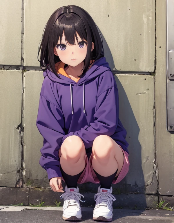 masutepiece, Best Quality, {Best Quality}, {{masutepiece}}, {hight resolution}, Illustration, 1girl in, Inoue Takina, bob katan, Black hair, (Purple eyes:1.2), blush, Blue Hoodie,shortpants,Wearing a hood,I have my hands in my pockets,White knee-high socks,Short boots,chewing bubble gum,、Leaning against the wall,Looking at Viewer,In the street