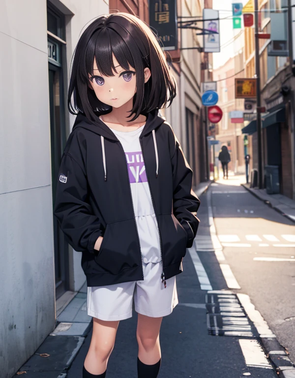 masutepiece, Best Quality, {Best Quality}, {{masutepiece}}, {hight resolution}, Illustration, 1girl in, Inoue Takina, bob katan, Black hair, (Purple eyes:1.2), blush, Blue Hoodie,shortpants,Wearing a hood,I have my hands in my pockets,White knee-high socks,Short boots,chewing bubble gum,、Leaning against the wall,Looking at Viewer,In the street