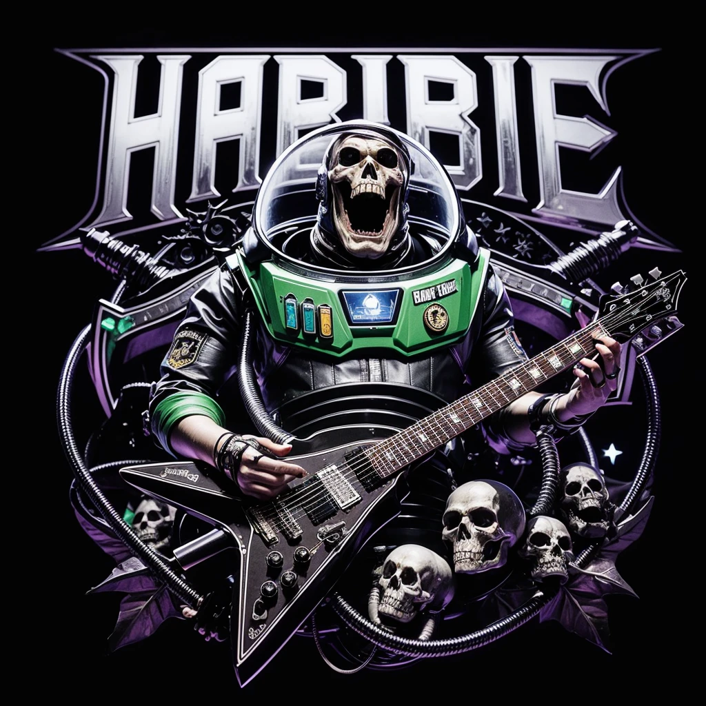 logo name (HABIBIE) font death metal,buz light year,playing guitar,baphomet,3D,background black