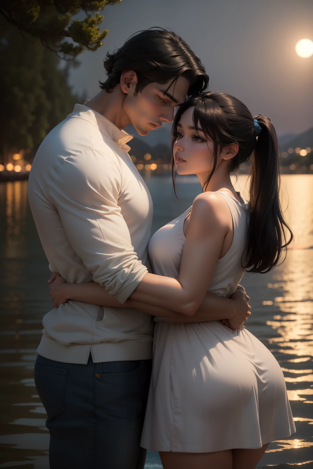 6ft tall boy，Wear a white sweatshirt & blue denim pants, 5ft tall cute girl，Black hair in ponytail & Wear green clothes, couple standing together & hugs, behind the big lake,Full moon night,Touching moments, deep emotions, affectionate character, art cinematography, Vibrant lake view, tmasterpiece,8K