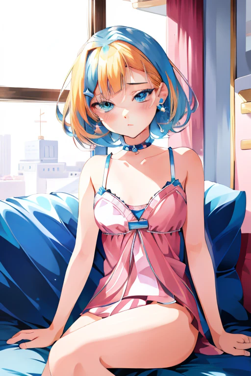 cartoon girl with blonde hair and blue eyes looking at something, she has a cute expressive face, she has a cute face, with round cheeks, cute anime face, cynical face, star butterfly, cute round slanted eyes, pale round face, blonde hair and large eyes, clear cute face, rosey cheeks, umamusume, danbooru
