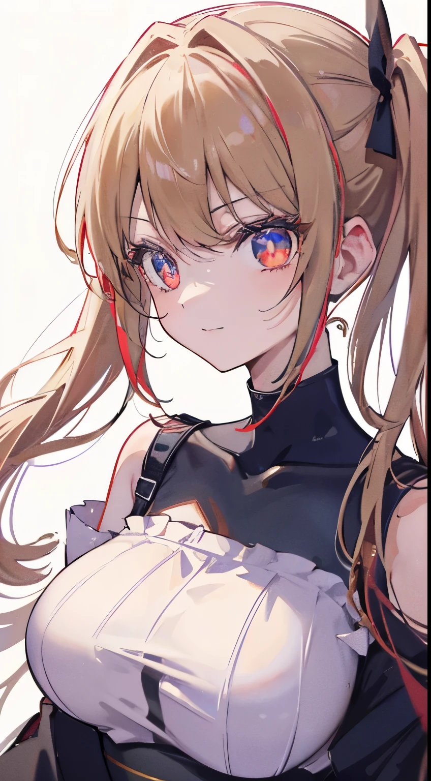 18 year old beautiful girl, Red big eyes, Petite and slender、slightly large breast, ((beige hair,)),(Loose long fluffy twintail hair), in 8K, of the highest quality, (Highly detailed head: 1.0), (Very detailed face: 1.0), (very detail hair: 1.0),(revealing black outfit), ((garterbelts))、Detailed official artwork, anime moe art style, clean detailed anime art, Cool smile