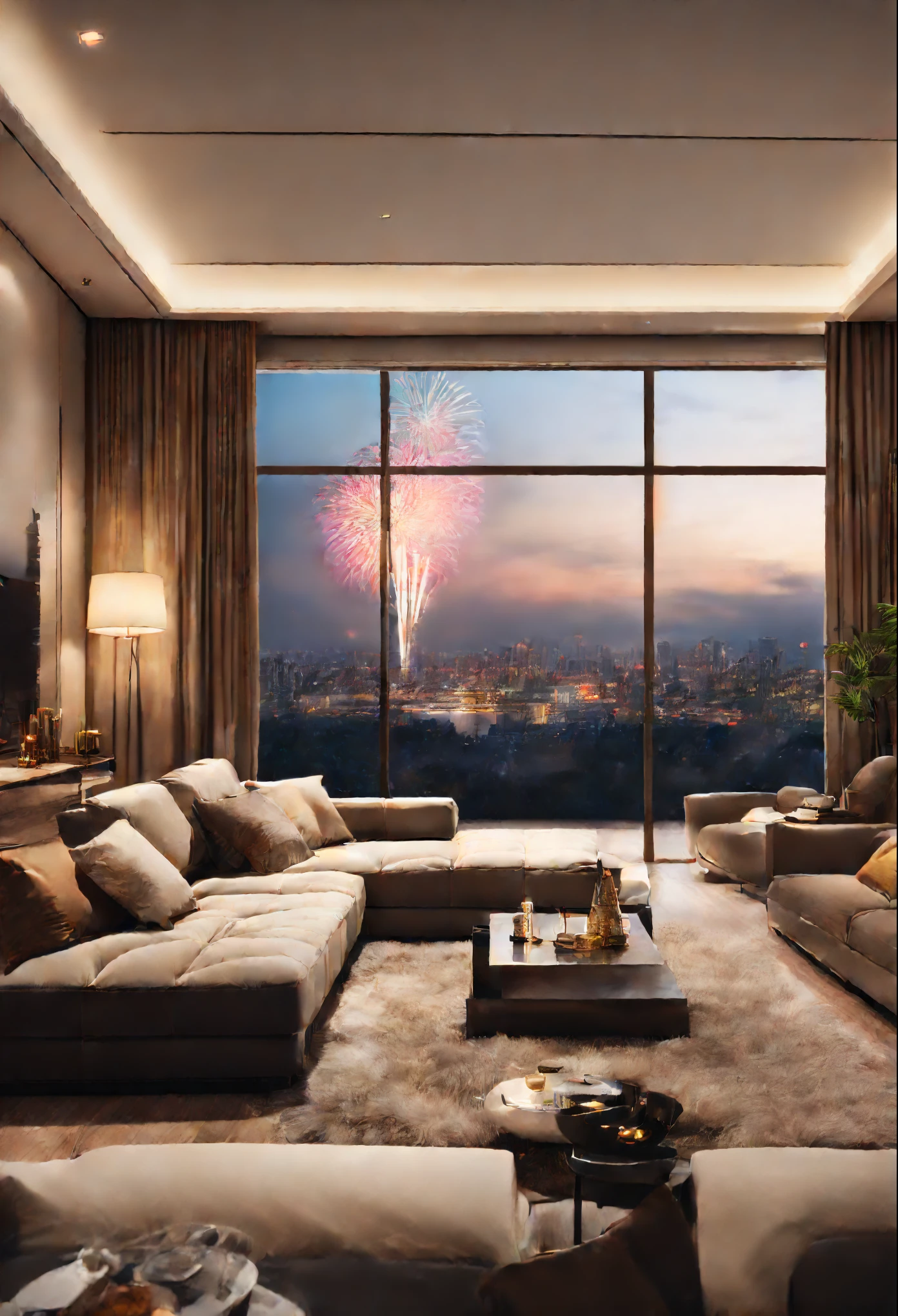 Need living room scene,The living room has large floor-to-ceiling windows,There are fireworks outside the window at night,Standing at the window looking at the fireworks outside the window,The main color is natural color