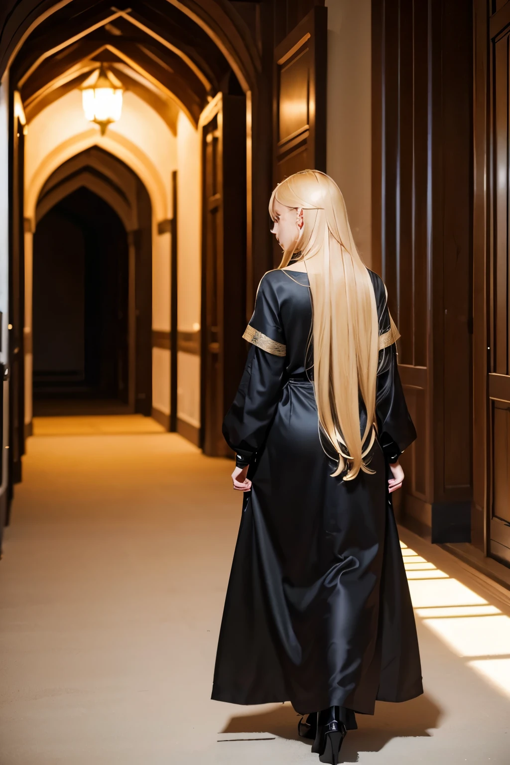 A woman with long blonde hair wearing a black dress is walking towards the back。Inside the castle。